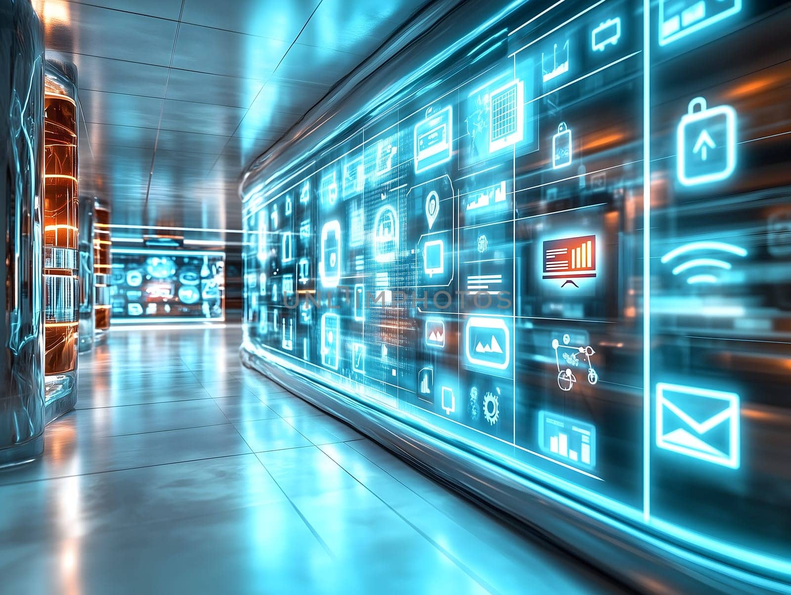 AI generated image of a high-tech digital hallway featuring neon glowing icons, holographic displays and a futuristic atmosphere with reflections on the floor and immersive light effects