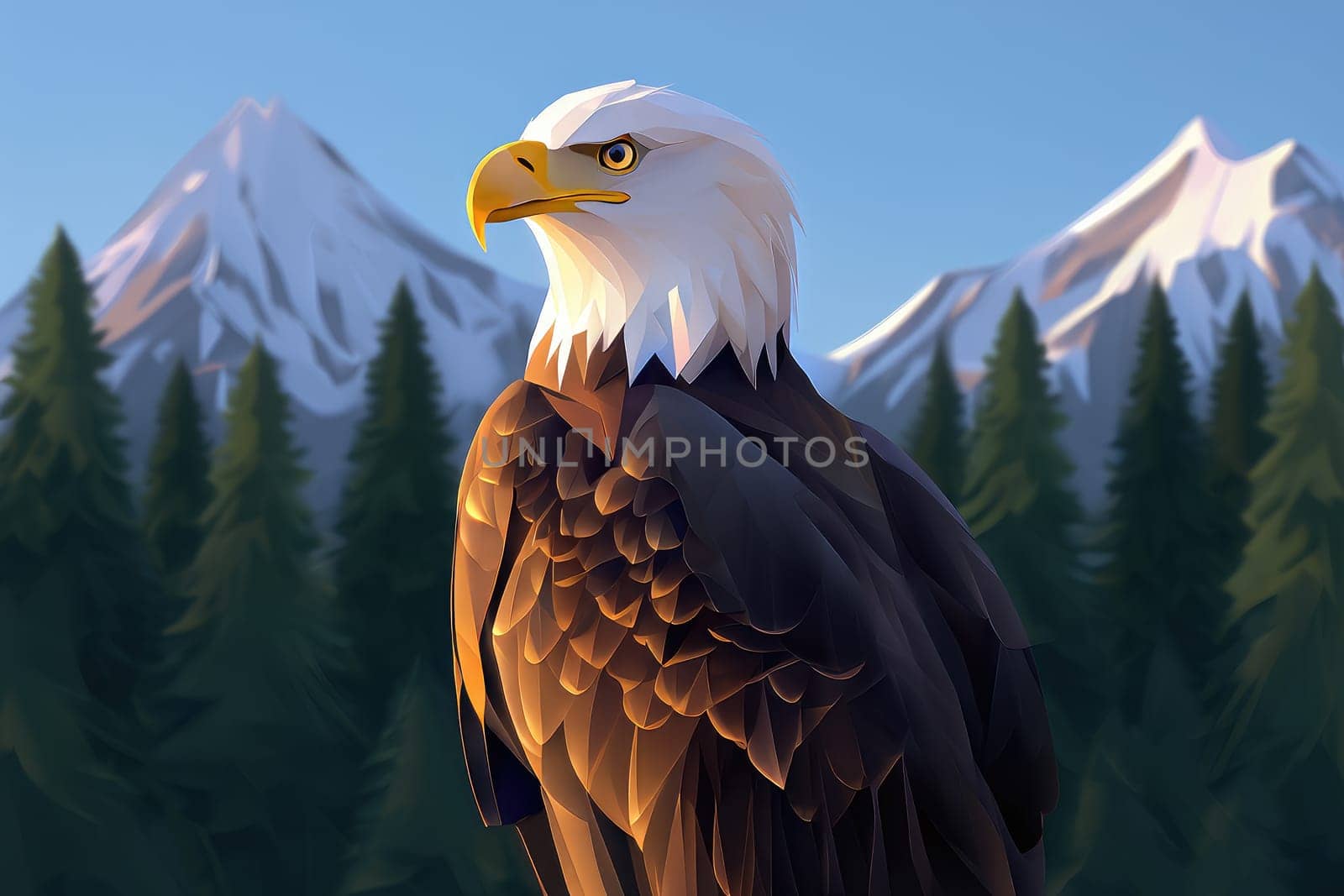 A bald eagle stands proudly on a rocky outcrop, showcasing its sharp gaze and striking plumage. Towering mountains form a stunning backdrop, complemented by lush evergreen trees under a clear sky.