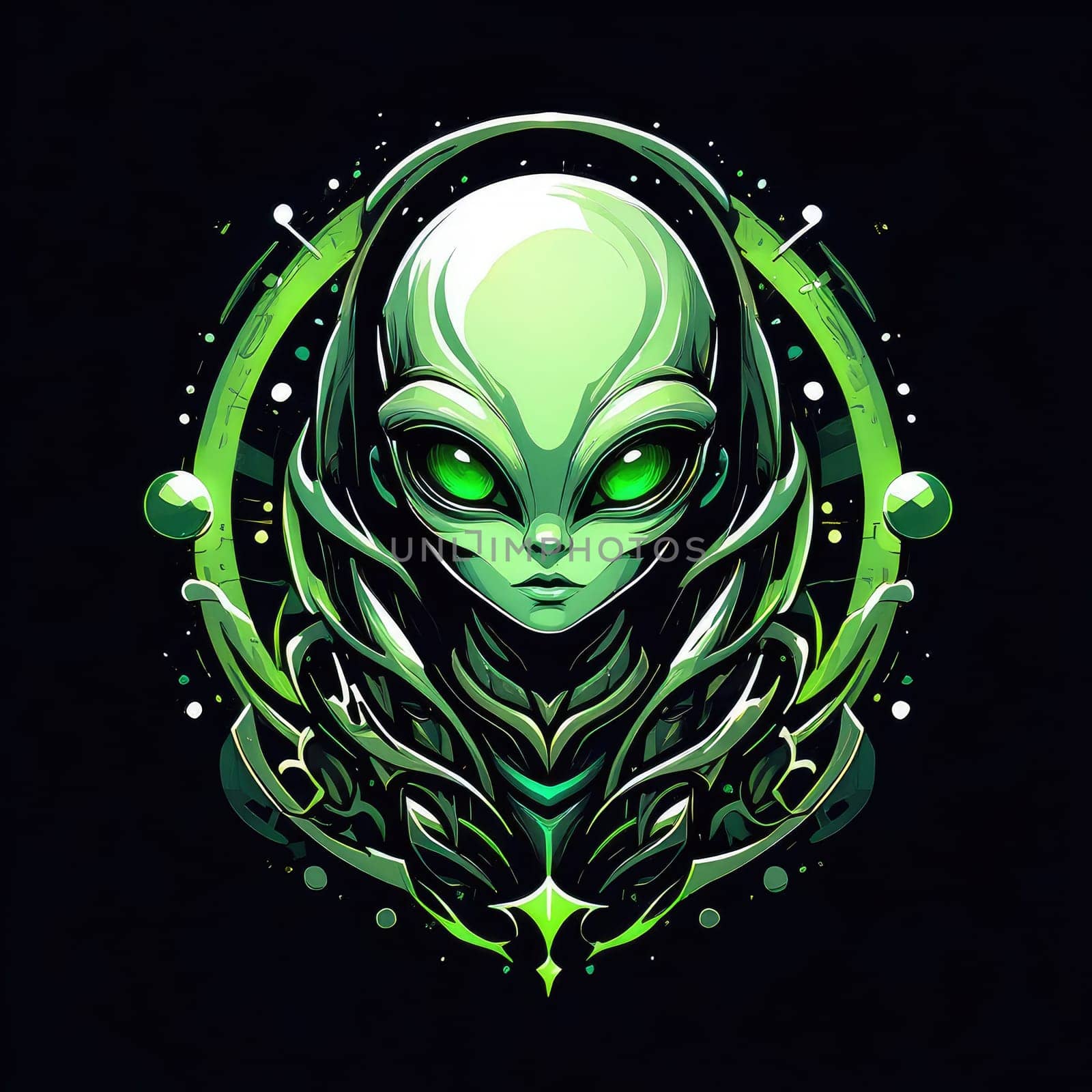 This artwork features a green alien character with large, expressive eyes, surrounded by elaborate patterns. The intricate design highlights a sci fi theme, set against a dark backdrop.