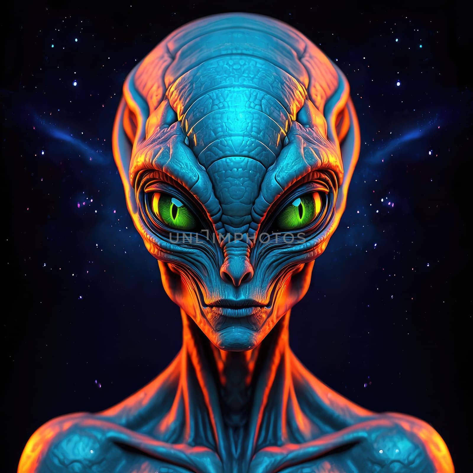 A striking alien figure with luminous blue skin and piercing green eyes stands against a starry cosmic background.