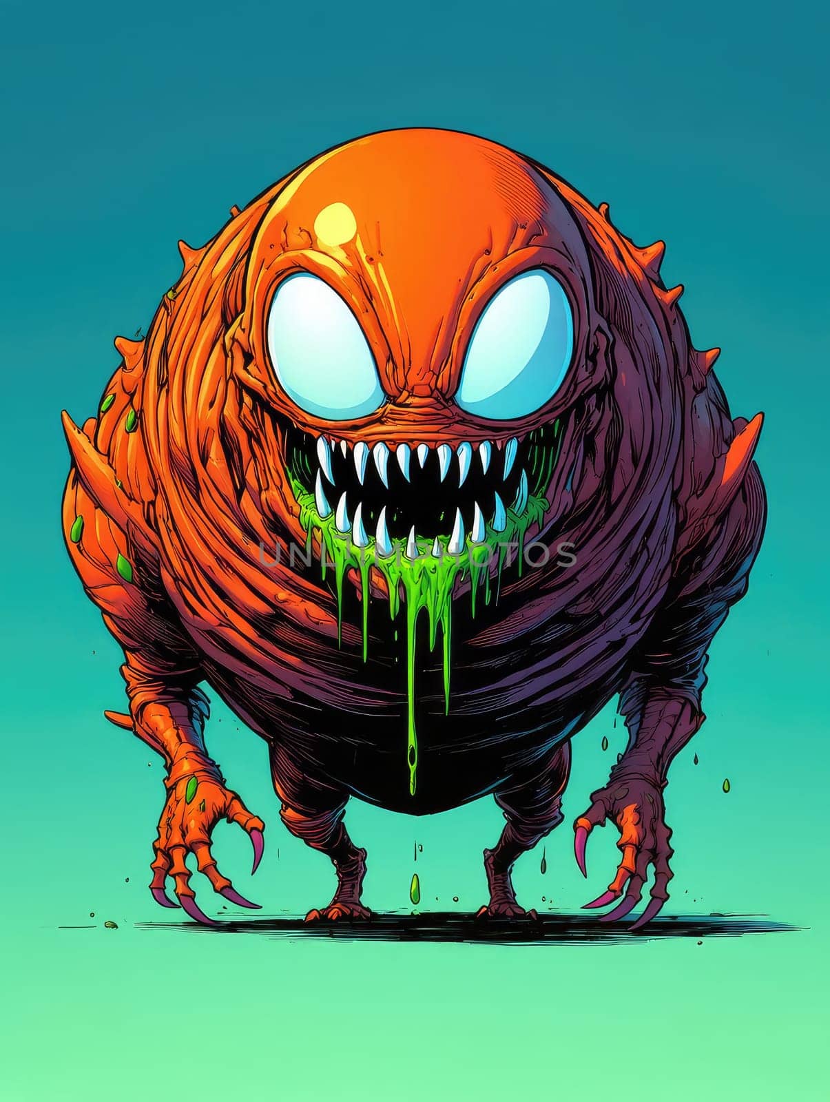 A whimsical and colorful cartoon monster with a round, orange body is grinning with sharp teeth. Vivid green slime drips from its mouth, set against a smooth gradient background.