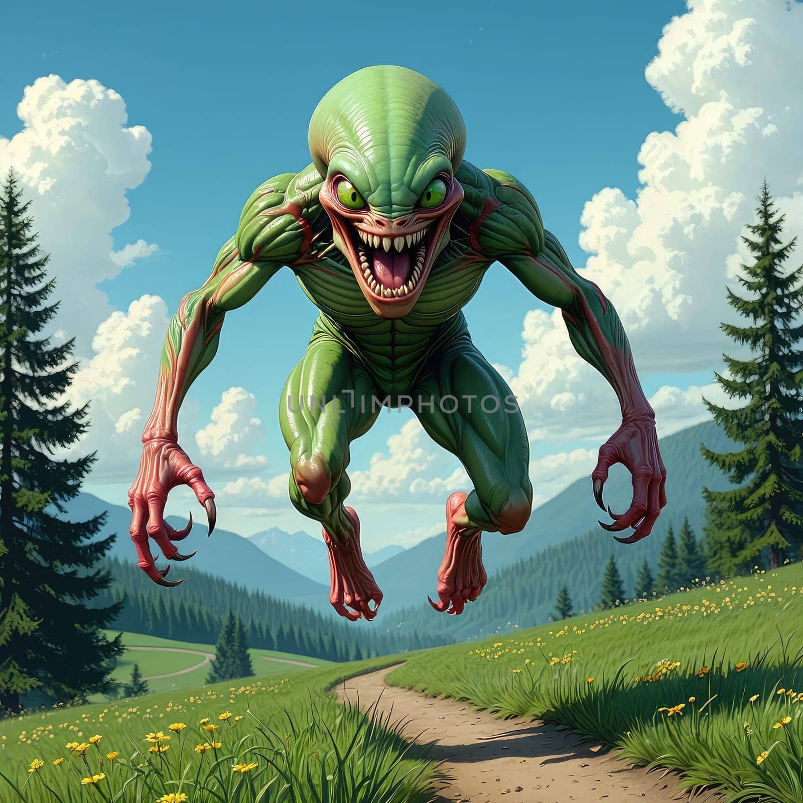 A green, muscular creature with large eyes and an expressive face leaps energetically across a grassy path. Lush trees and mountains fill the background, creating a vivid natural setting.