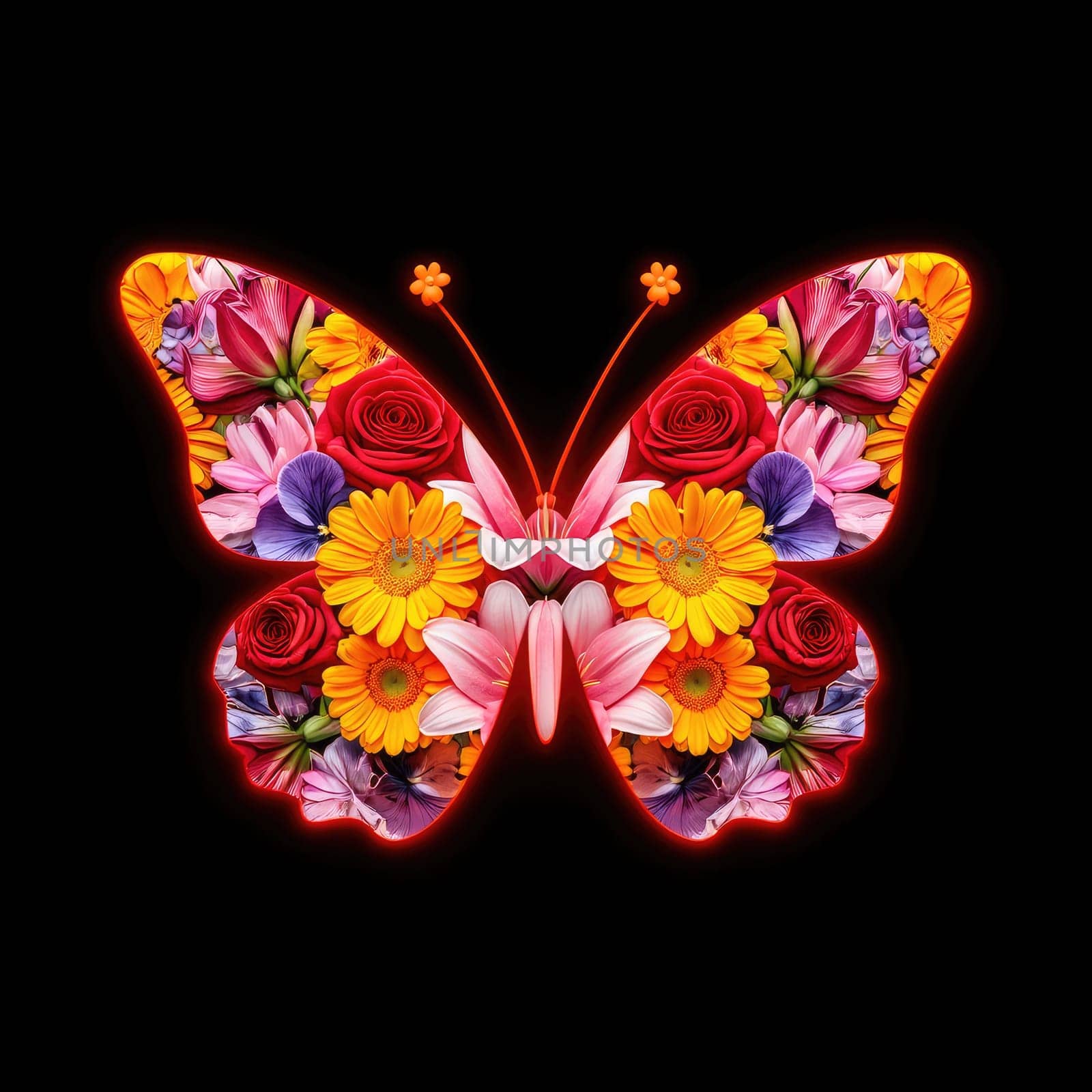 A butterfly design showcases a variety of vibrant flowers including roses, daisies, and lilies against a solid black background. The colorful arrangement creates a striking visual effect.