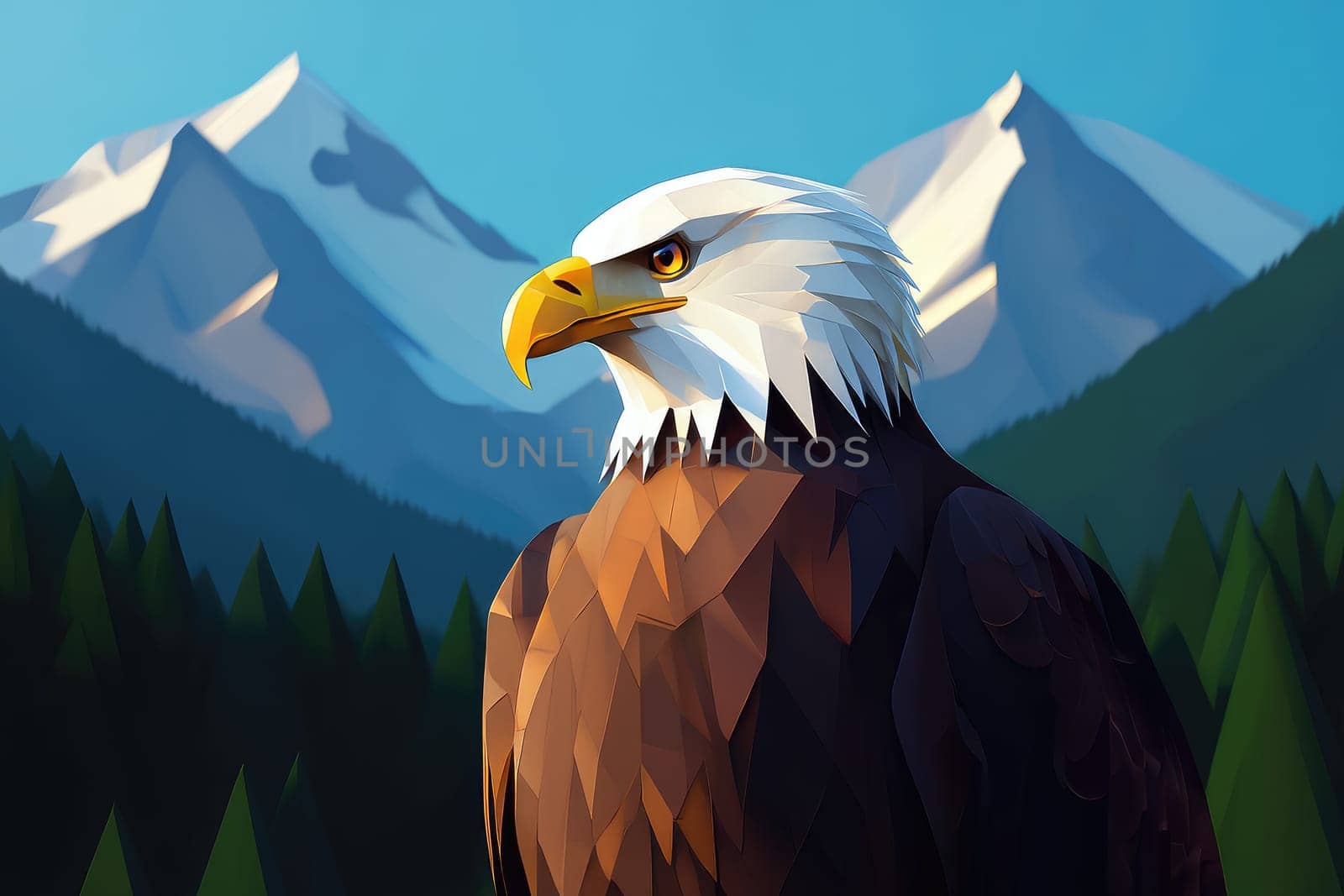 A detailed and striking view of a bald eagle standing proudly on a rocky surface. Majestic mountains rise in the background under a clear blue sky, highlighting natures beauty.