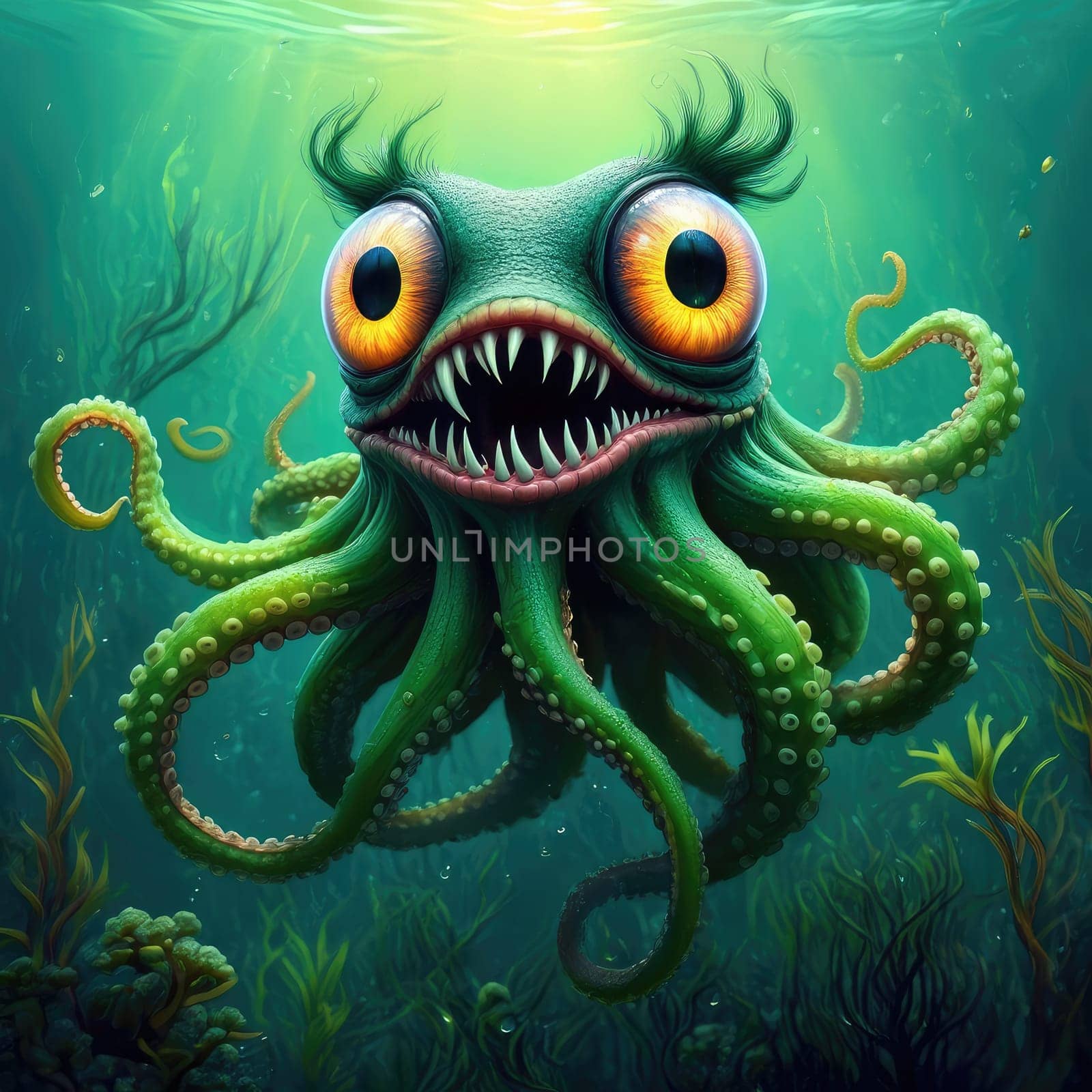 A vibrant sea creature with large orange eyes and sharp teeth moves through underwater vegetation. Its green tentacles spread wide, adding to the enchanting aquatic scene.