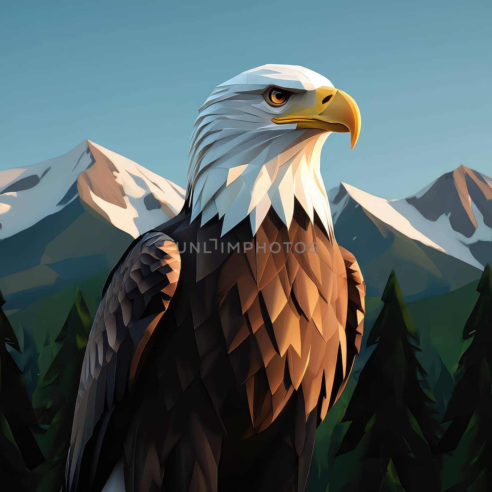 A majestic eagle stands proudly on a rocky outcrop, surrounded by tall evergreen trees and snow capped mountains. The clear blue sky highlights the beauty of this wild setting.