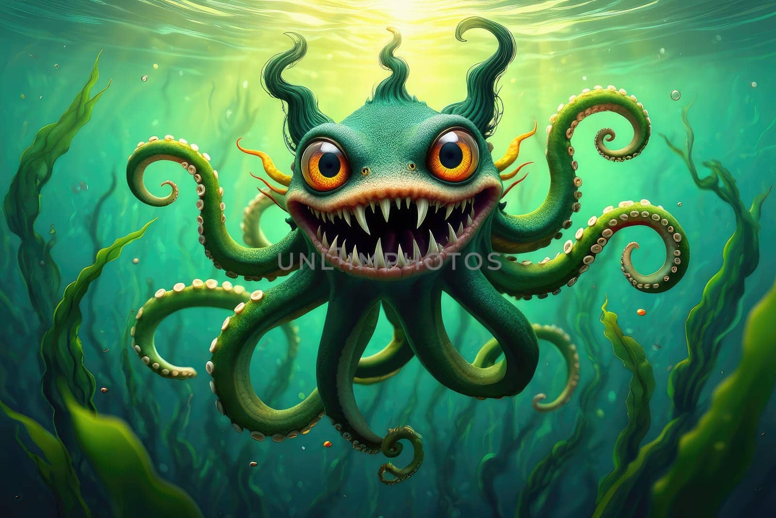 A vibrant and colorful mythical creature with sharp teeth and large eyes swims gracefully through a kelp forest. Bright sunlight filters through the water, illuminating the scene.