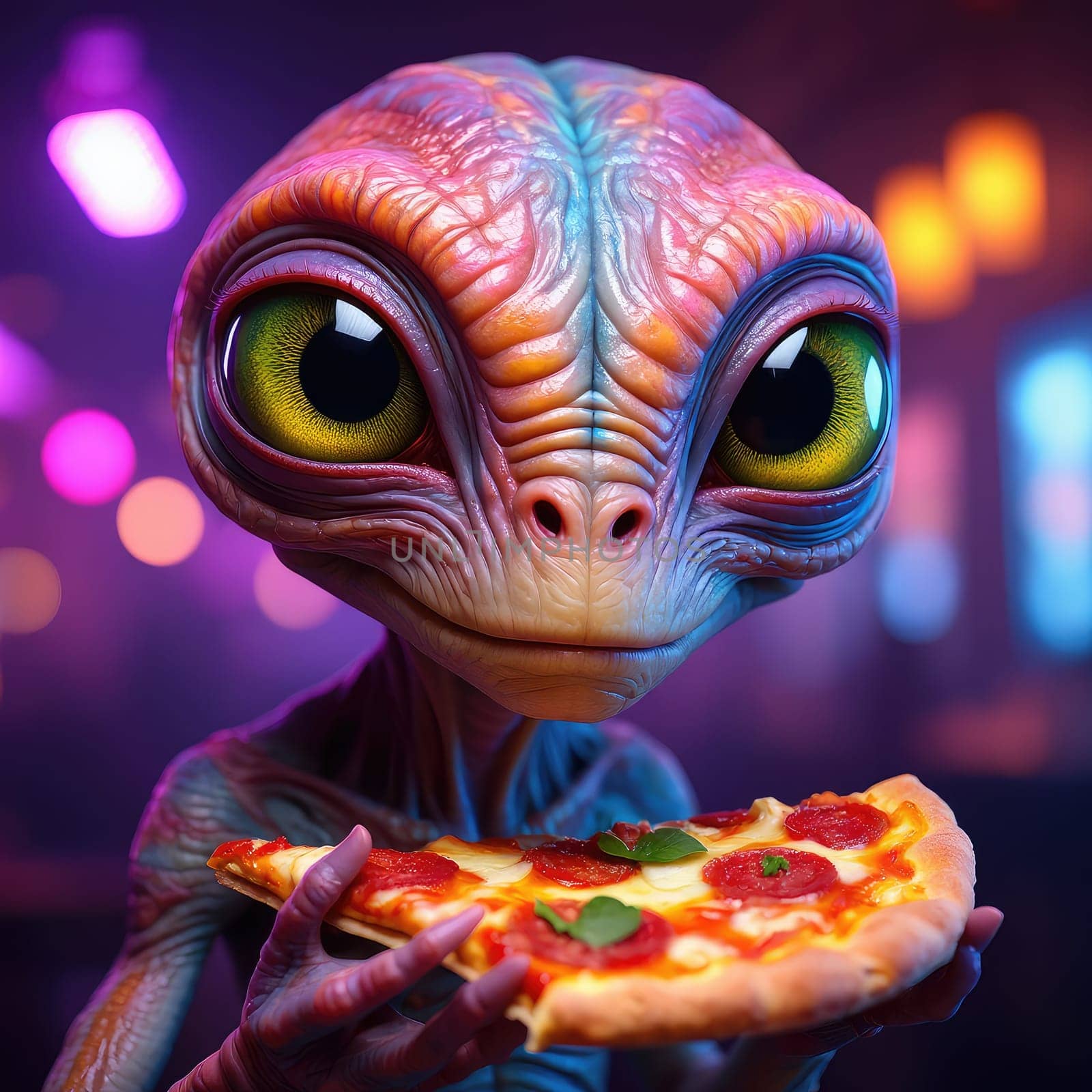 An alien holds a piece of pepperoni pizza, smiling in a lively setting filled with purple and blue lights. The atmosphere is fun and inviting, perfect for enjoying tasty food.