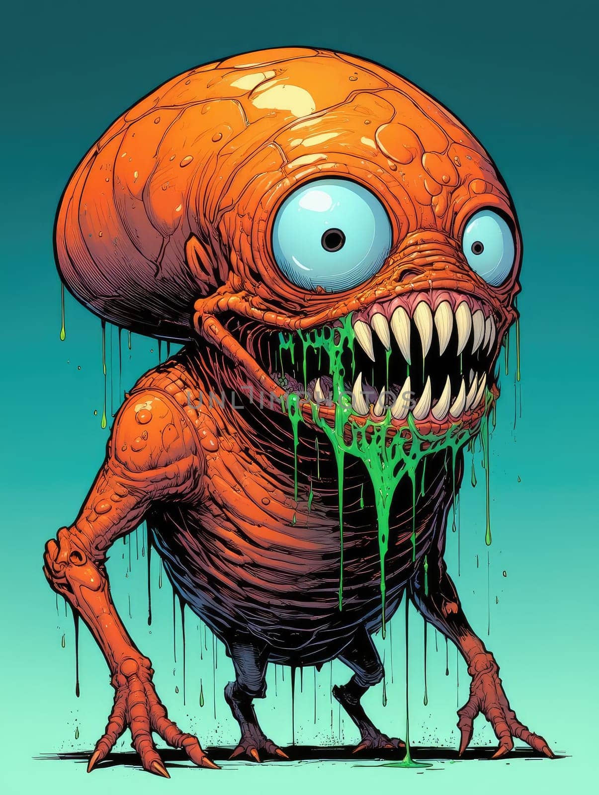 A vibrant cartoon creature with an oversized head, large eyes, and sharp teeth displays bright orange skin and dripping green goo. The background features a gradient that enhances its detail.
