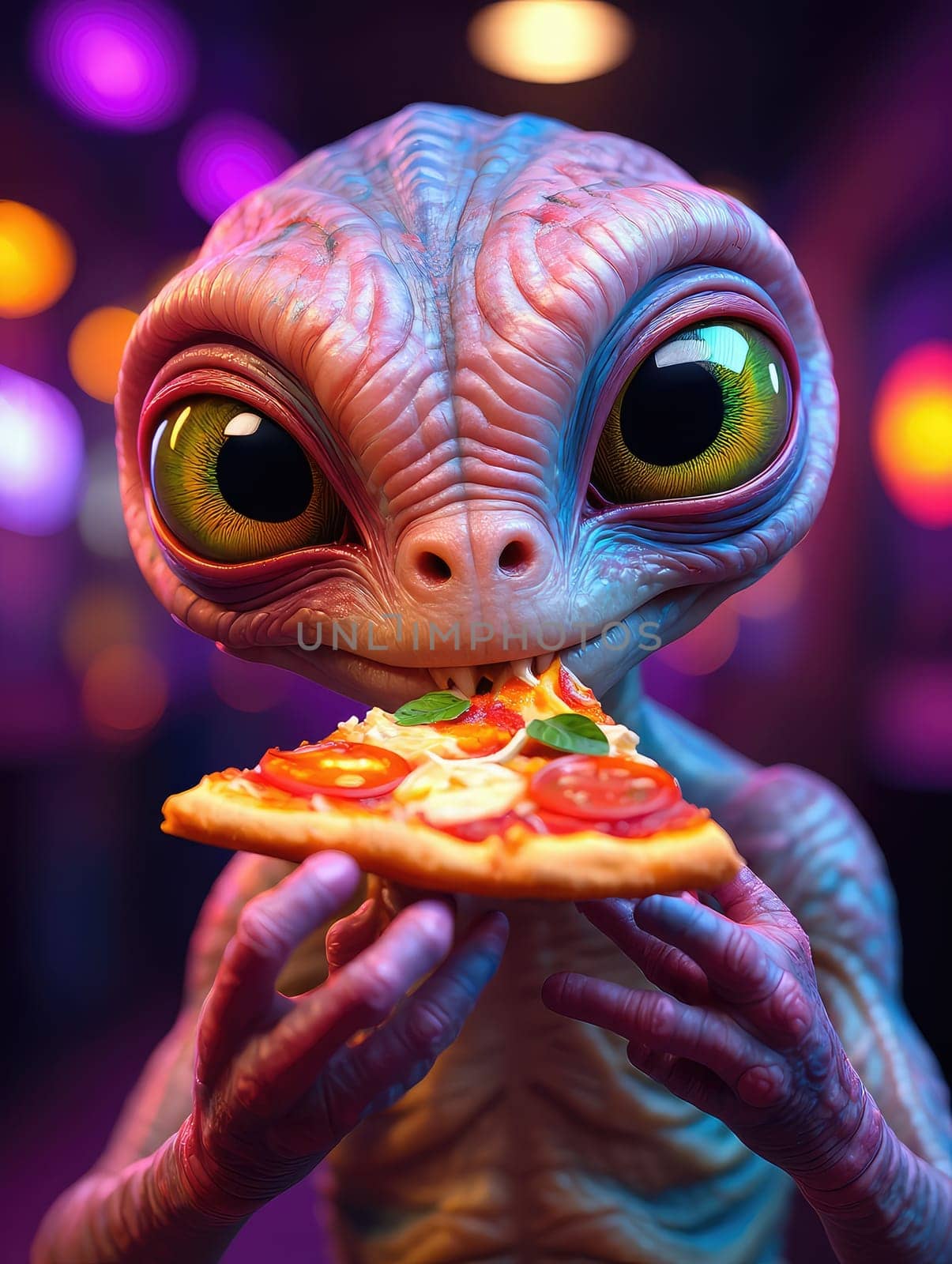 An extraterrestrial creature is happily eating a slice of pizza, surrounded by vibrant neon lights.