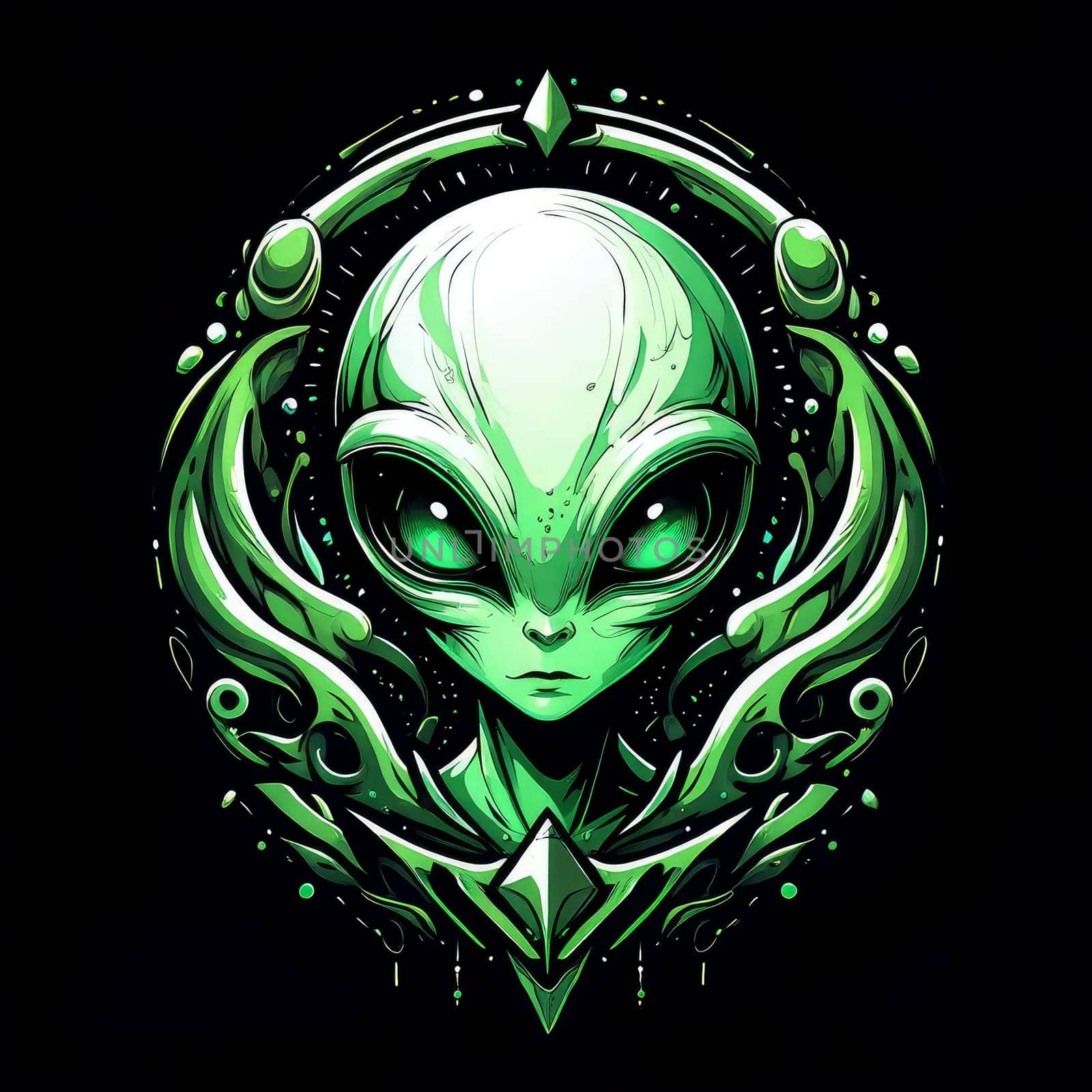 An eye catching alien artwork showcases a green extraterrestrial figure surrounded by elaborate, swirling patterns.