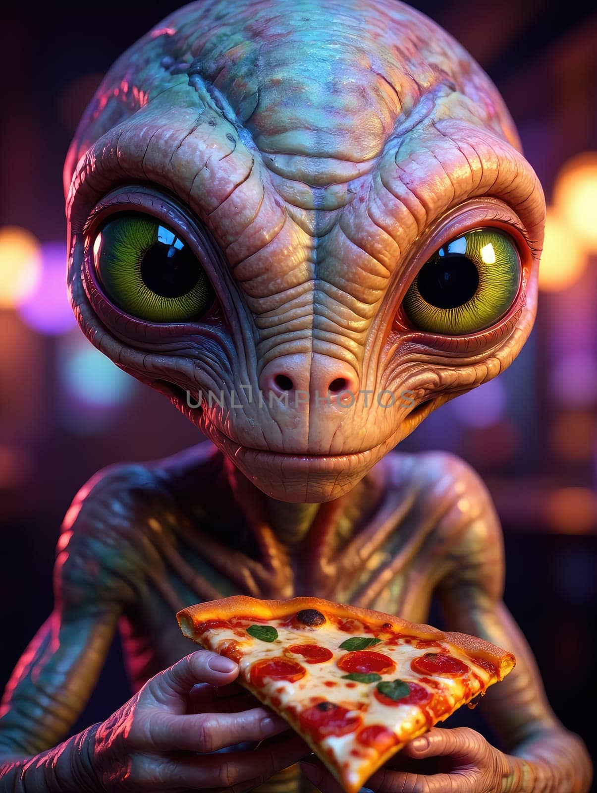 A green eyed alien is savoring a slice of pizza, with a lively nightlife backdrop filled with colorful lights. The atmosphere feels vibrant and otherworldly, creating an interesting contrast.
