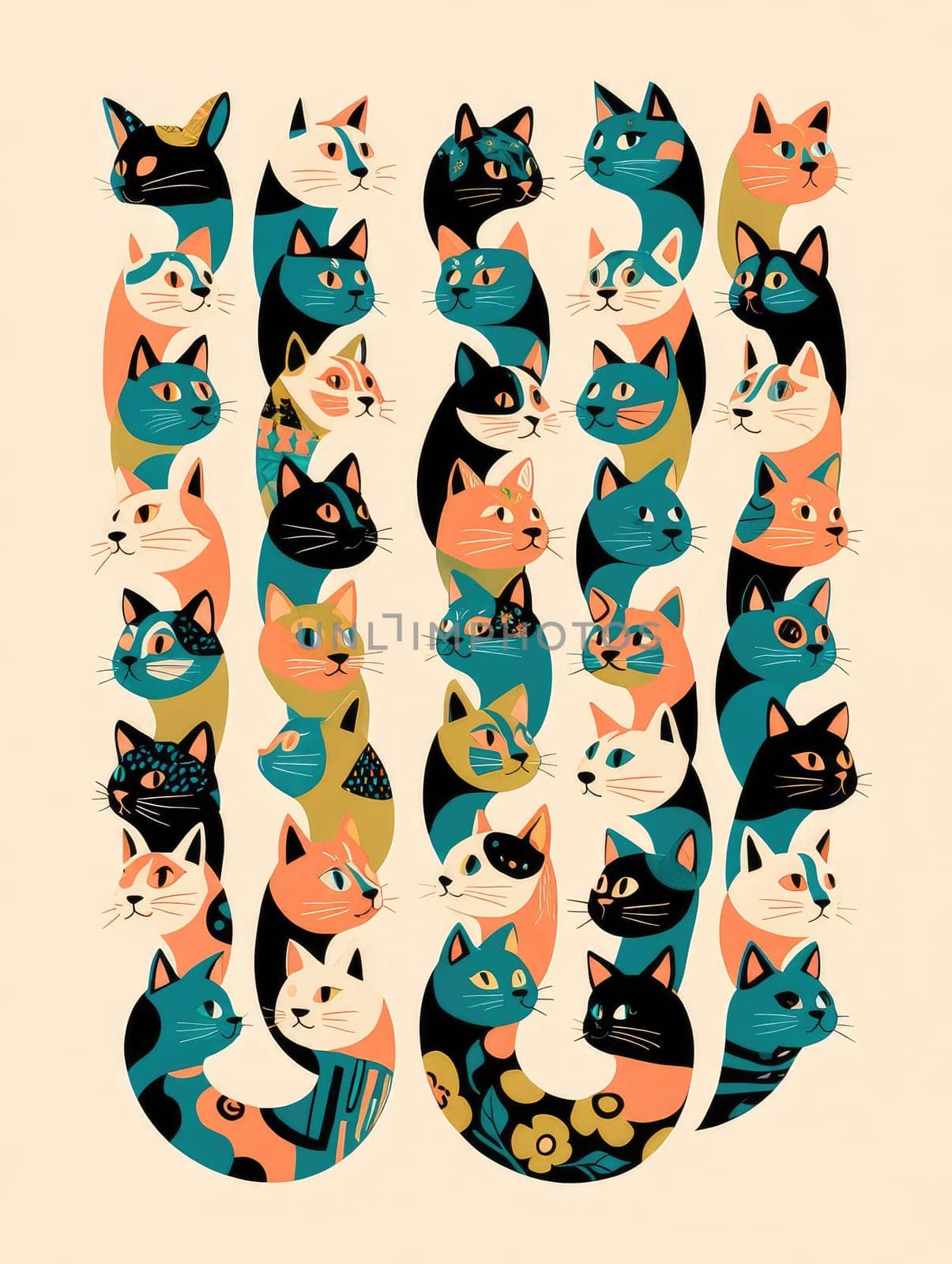 Various stylized cat illustrations feature diverse colors and patterns, showcasing different breeds and expressions. This collage captures the playful essence of felines in an artistic format.