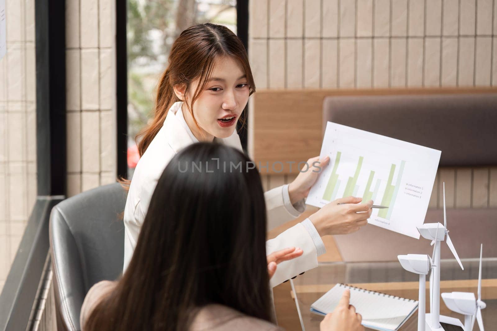 In a focused meeting, a woman explains critical data regarding sustainability and renewable energy strategies to her client, fostering informed decisions.