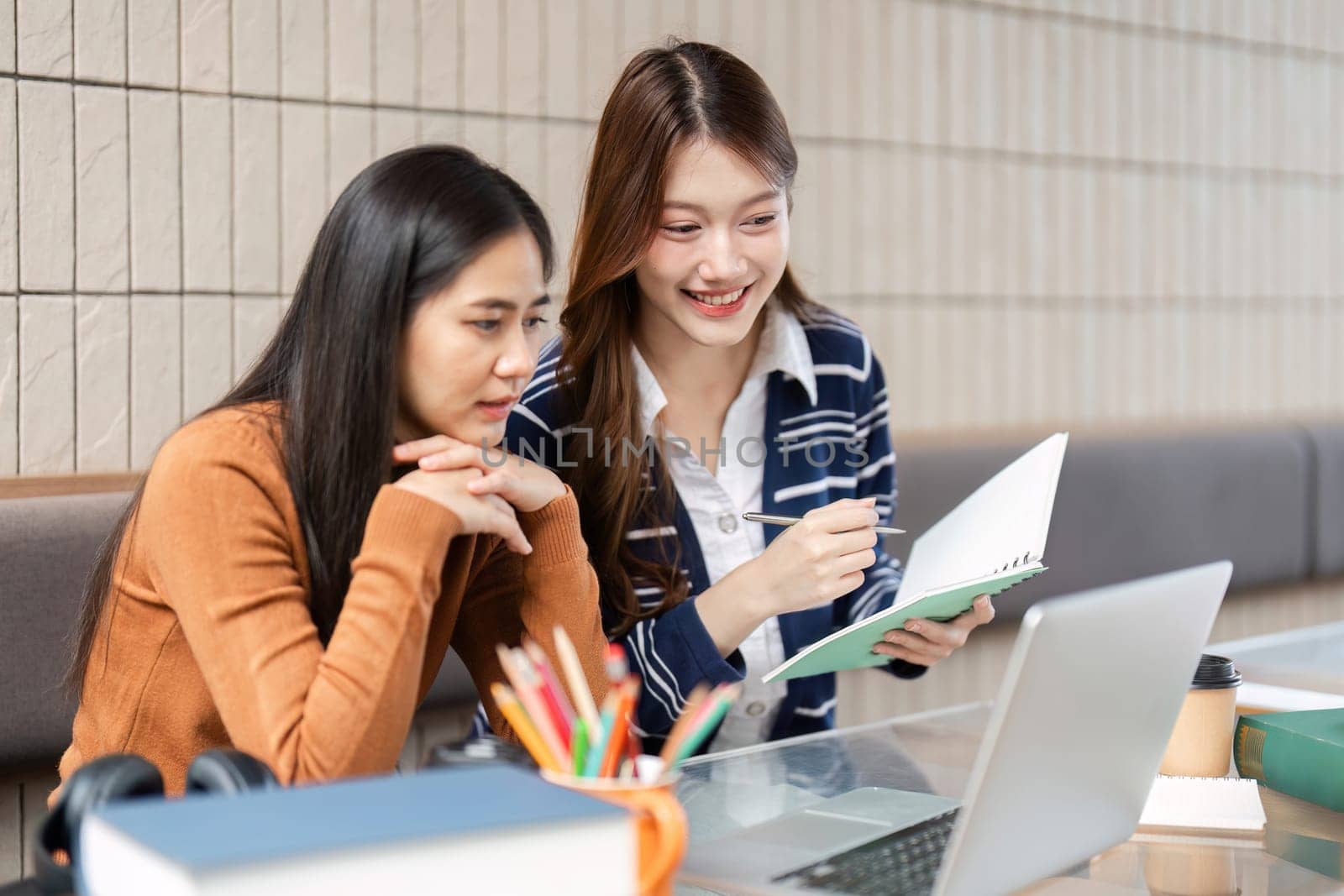 Two friends collaborate on their assignments, using a laptop and notebooks to enhance their learning experience in a warm and inviting study atmosphere.