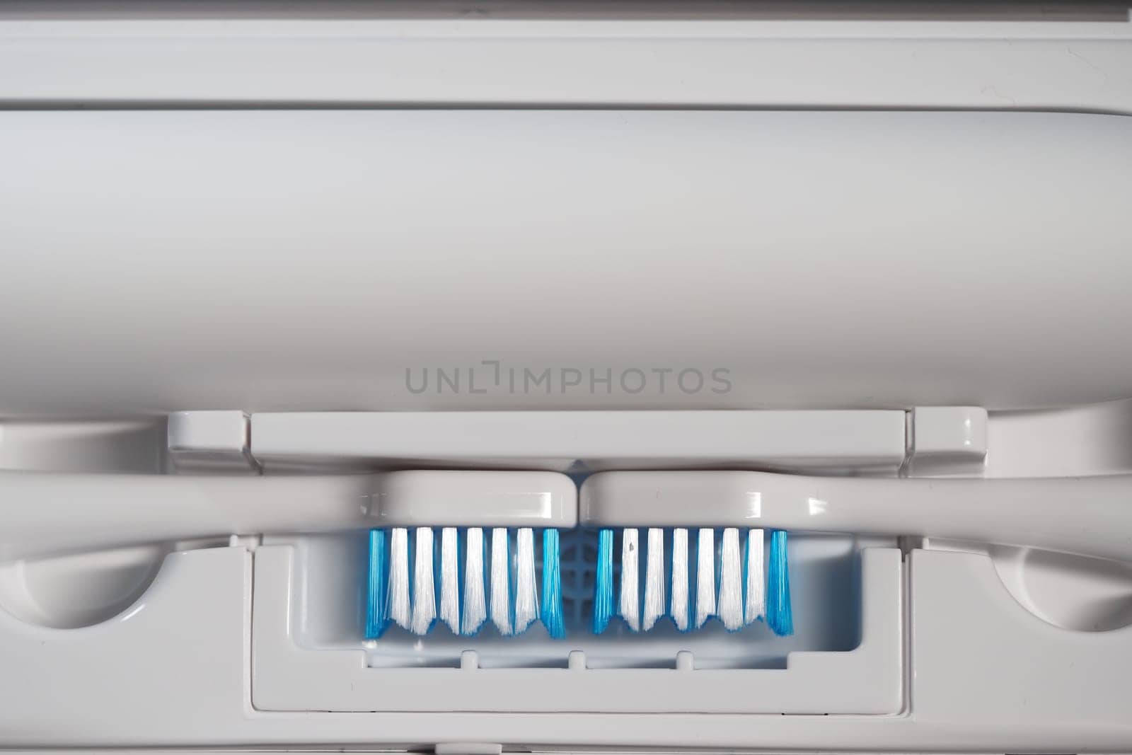 Toothbrush holder containing toothbrushes and a toothpaste dispenser setup.