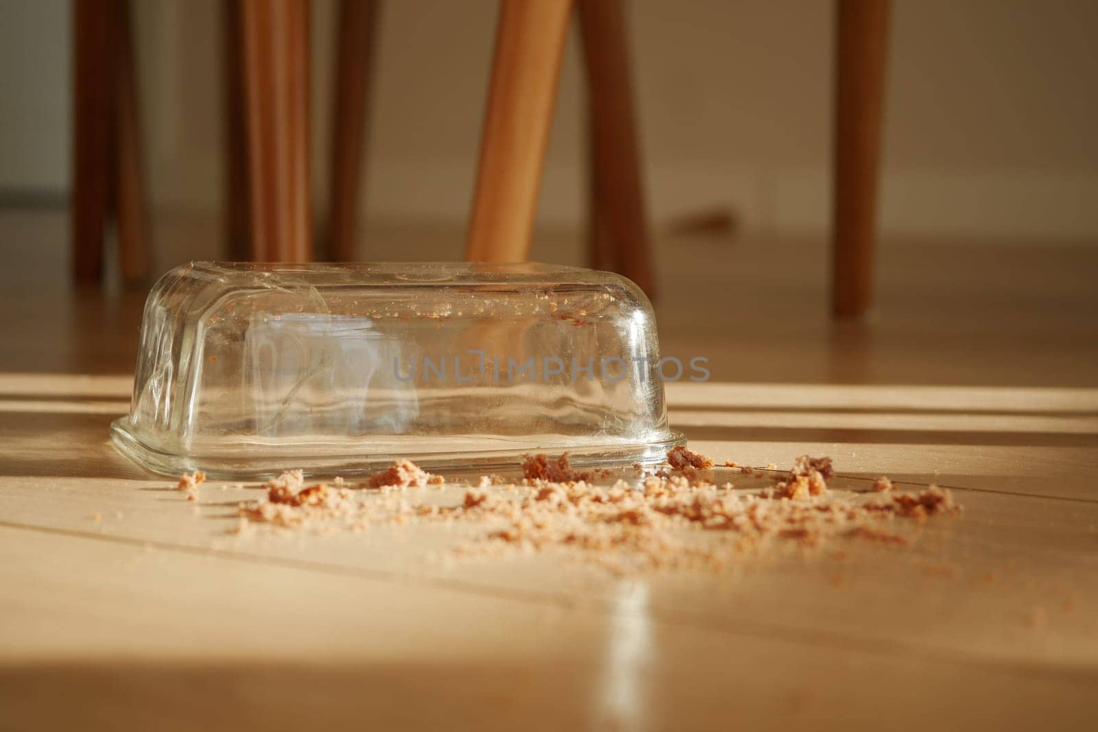 A glass container lies overturned on the floor with crumbs nearby.