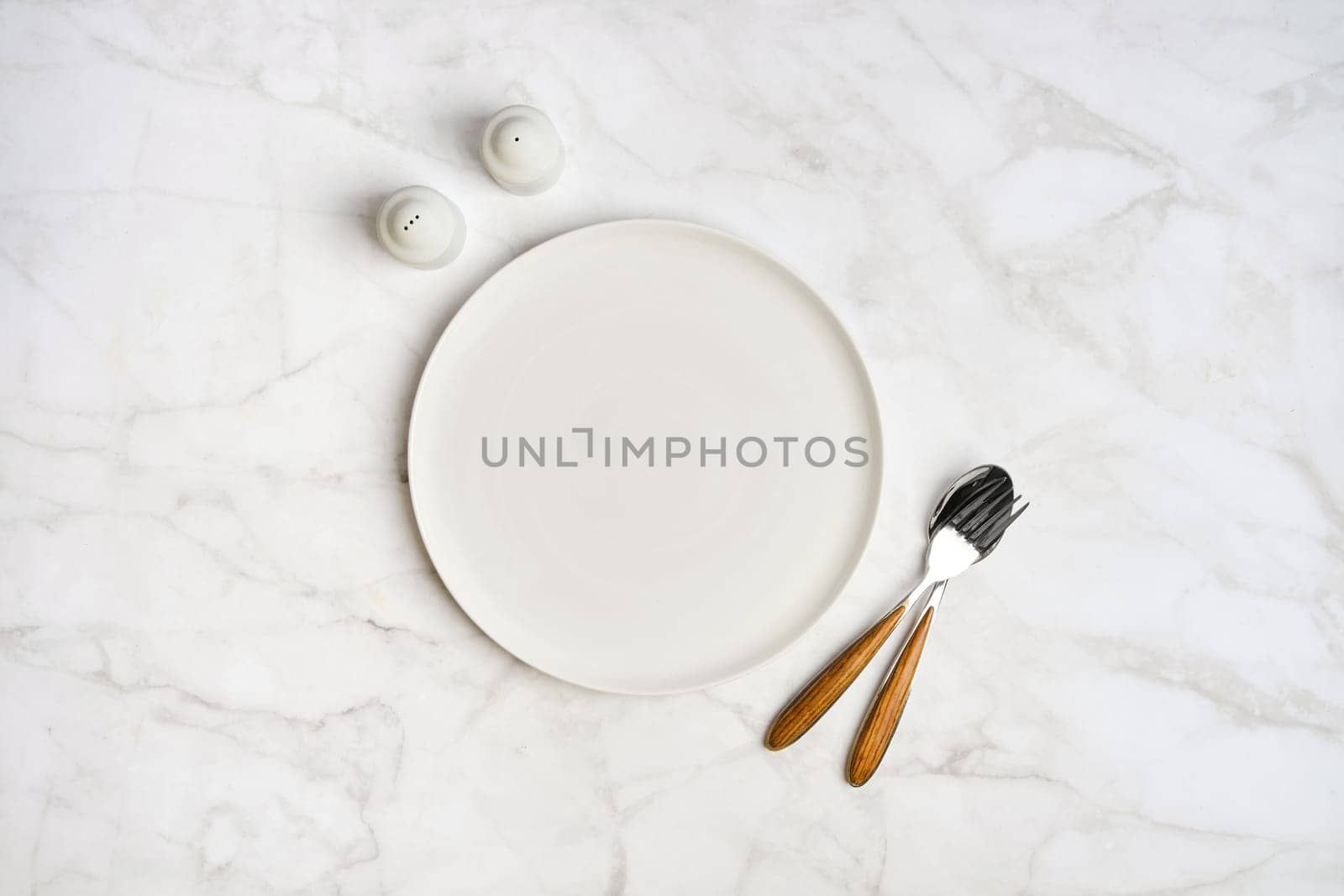 A simple dining arrangement showcases an empty white plate accompanied by a fork and knife with wooden handles, placed on a smooth marble surface, alongside salt and pepper shakers.