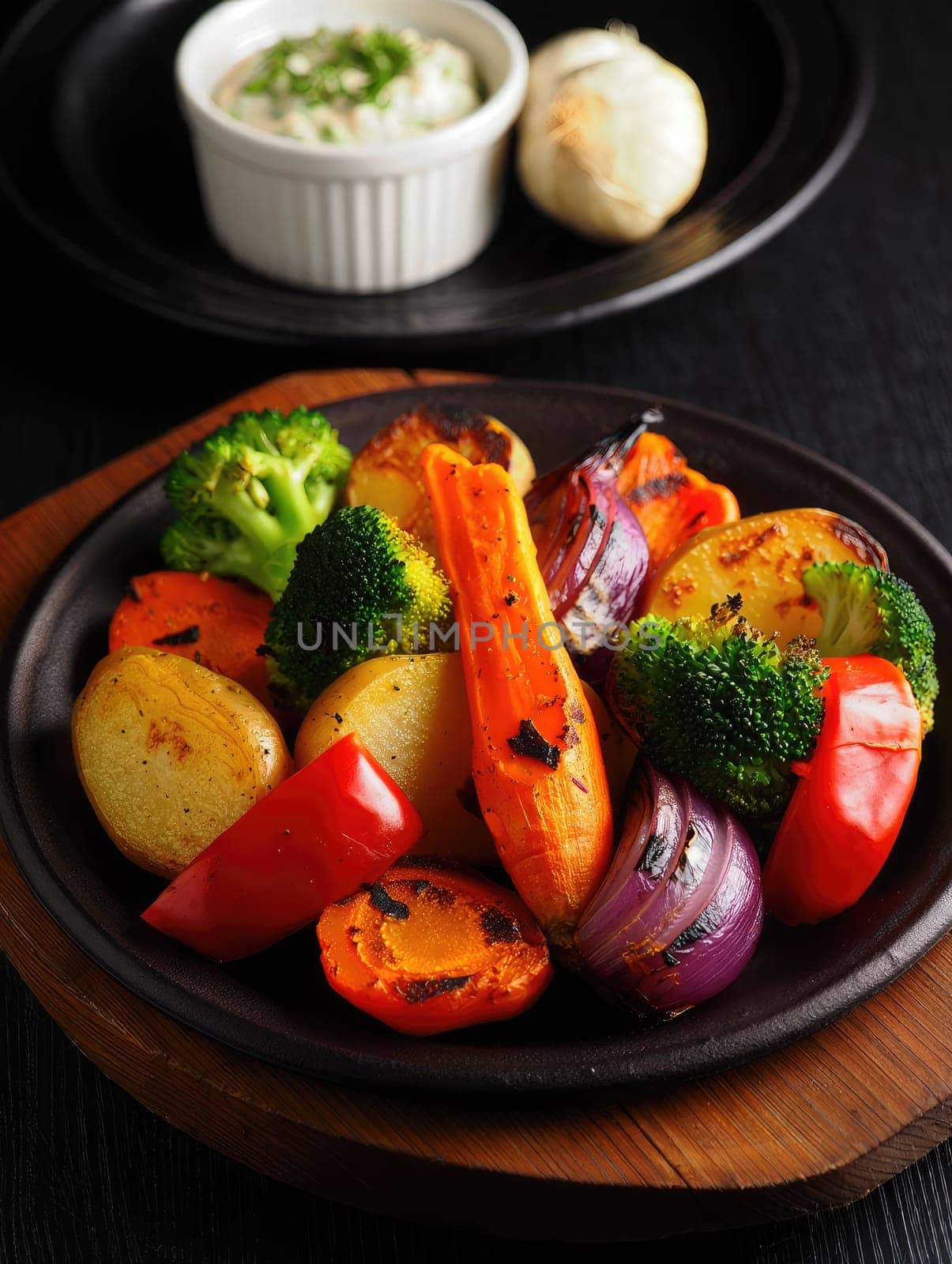 A platter displays a variety of grilled vegetables, including broccoli, carrots, and bell peppers.
