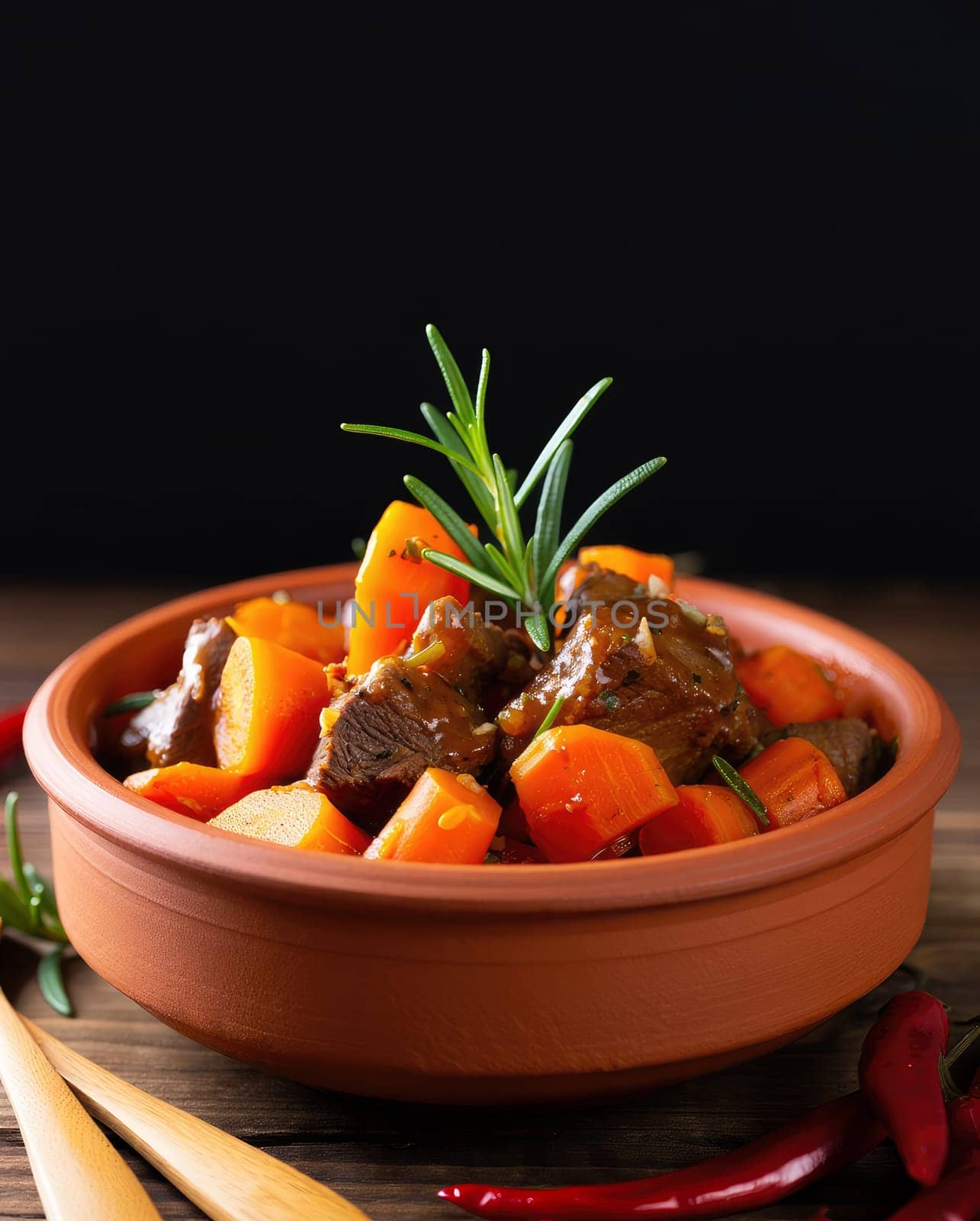 A savory beef stew featuring tender meat and vibrant carrots is served in a clay bowl. Fresh rosemary enhances the aroma, making it perfect for a cozy meal.