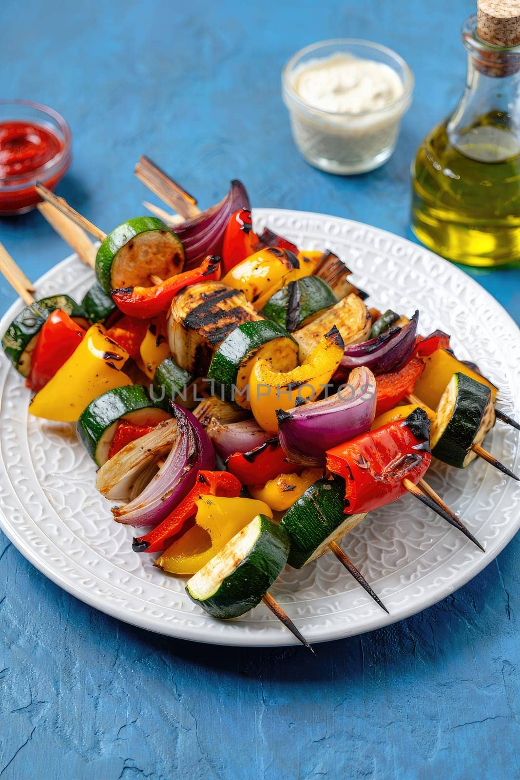 Grilled vegetable skewers featuring bell peppers, zucchini, onions, and mushrooms arranged on a decorative plate. Accompanied by sauces for dipping and olive oil in a glass bottle.