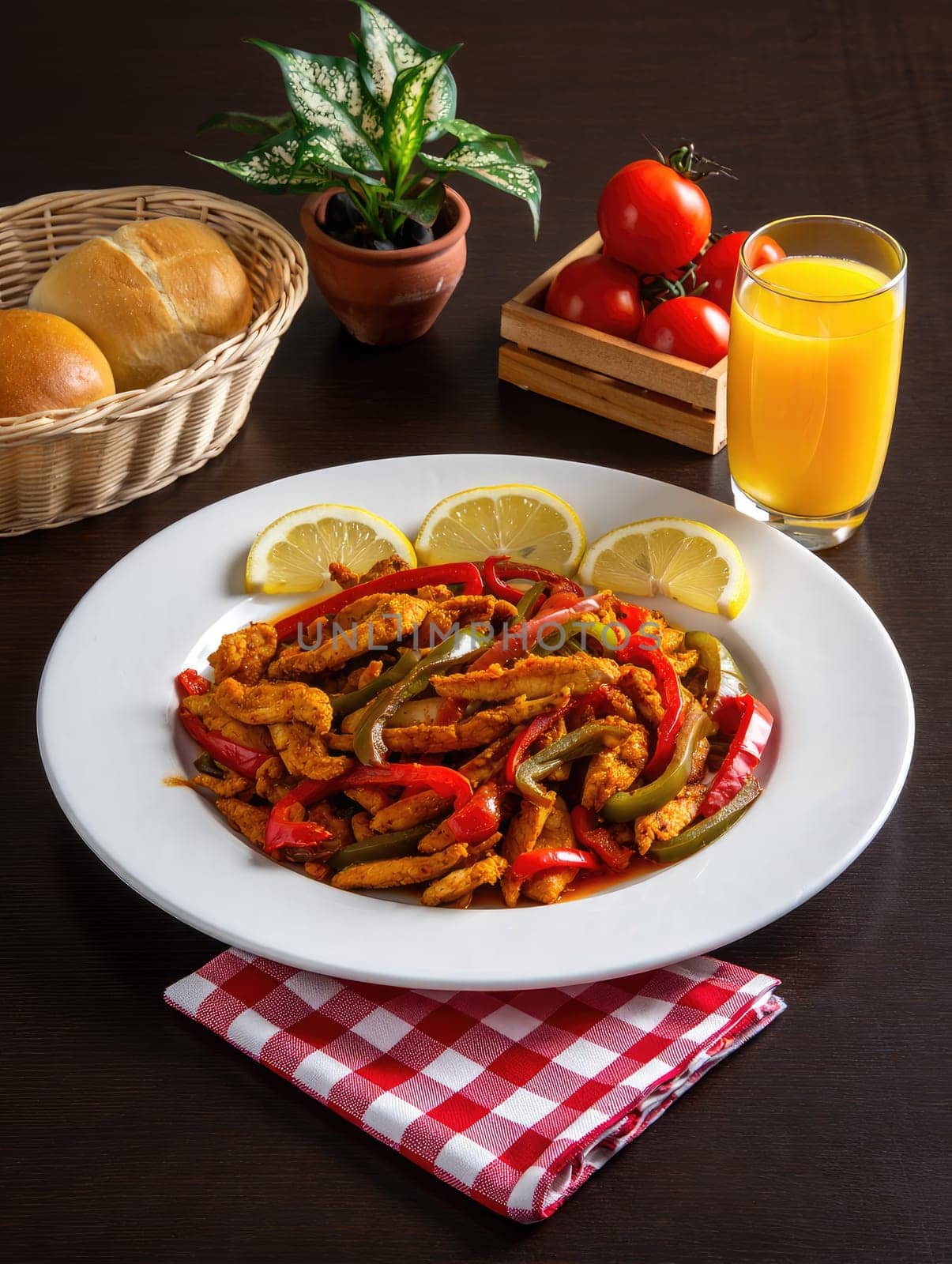 A vibrant dish of chicken fajitas features colorful bell peppers and spices, garnished with lemon slices.