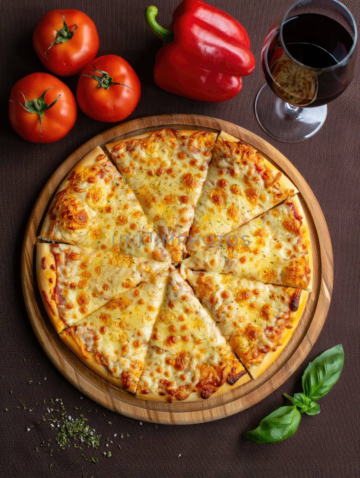 Freshly baked cheese pizza is sliced and served on a wooden board alongside ripe tomatoes, a red pepper, and a glass of red wine, creating a charming culinary display.
