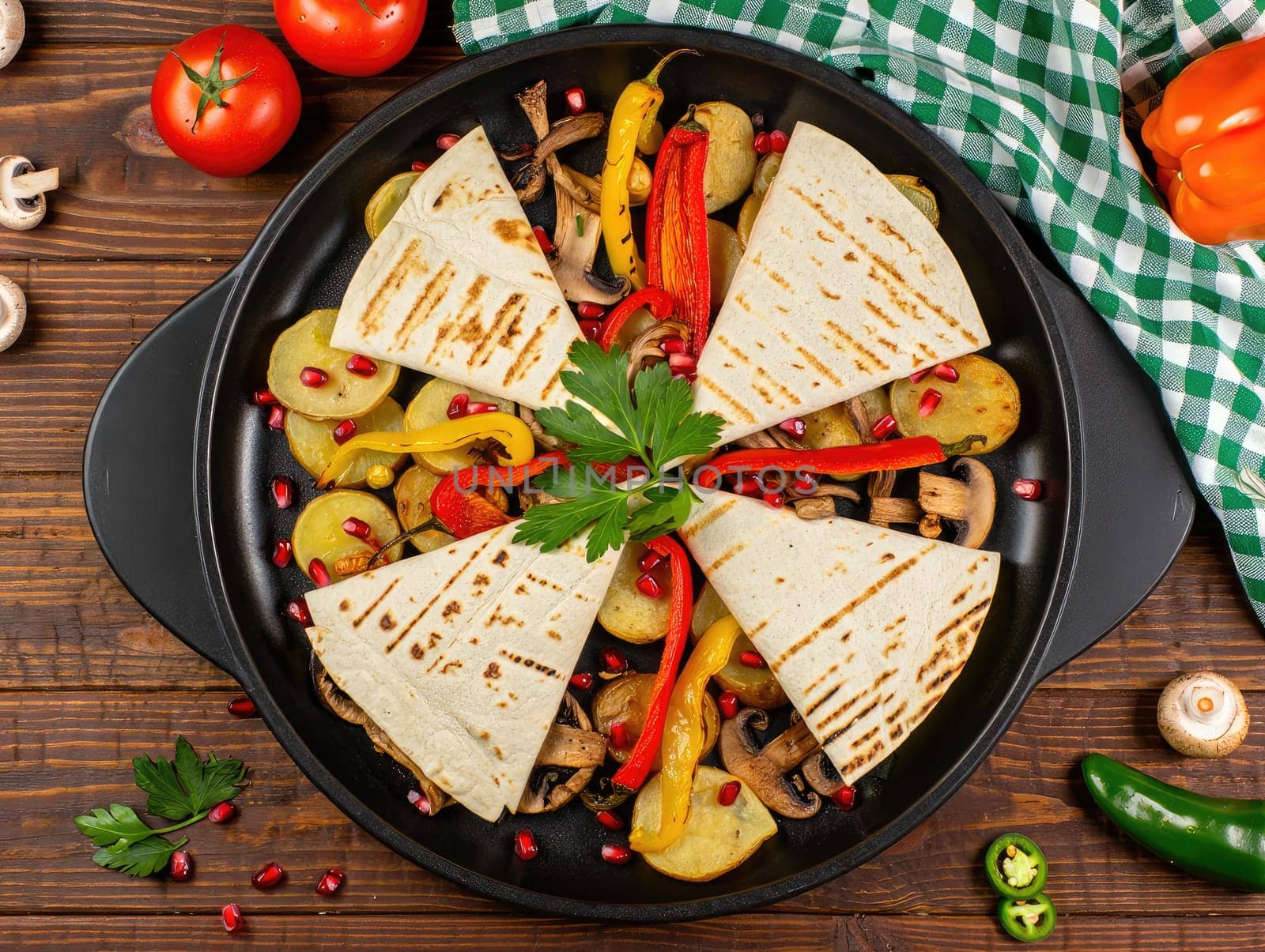 A vibrant mixed vegetable platter displays assorted grilled veggies such as bell peppers, mushrooms, and tomatoes, beautifully arranged with grilled tortillas and garnished with fresh herbs.
