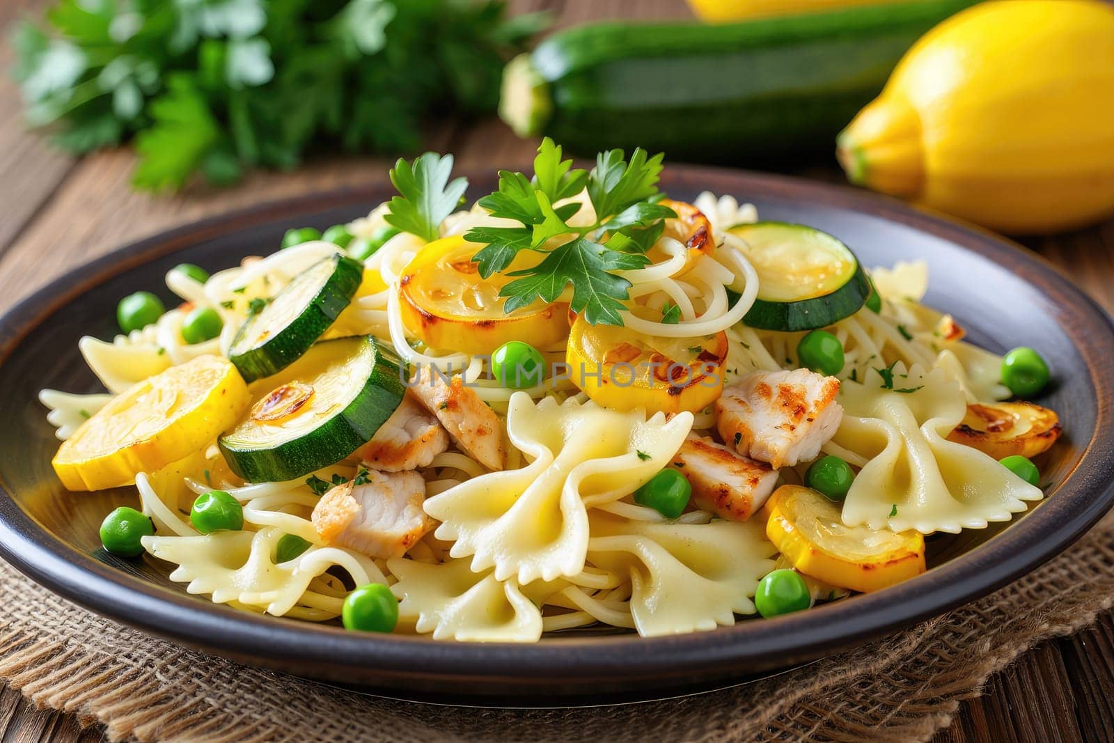 This vibrant dish features farfalle pasta tossed with tender grilled chicken, zucchini, yellow squash, and green peas.