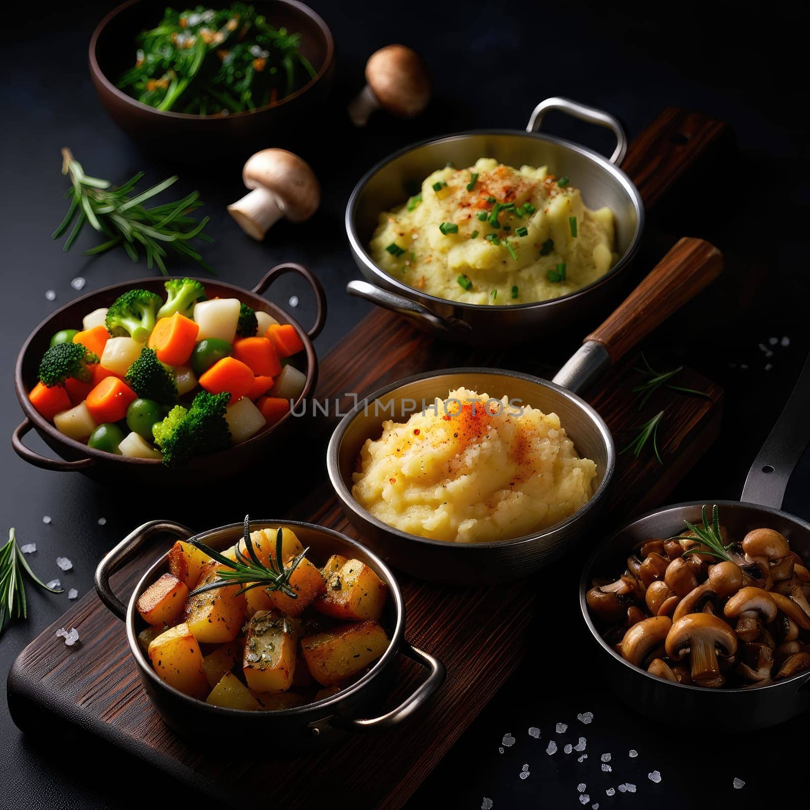 A variety of flavorful side dishes is beautifully arranged on a wooden board.
