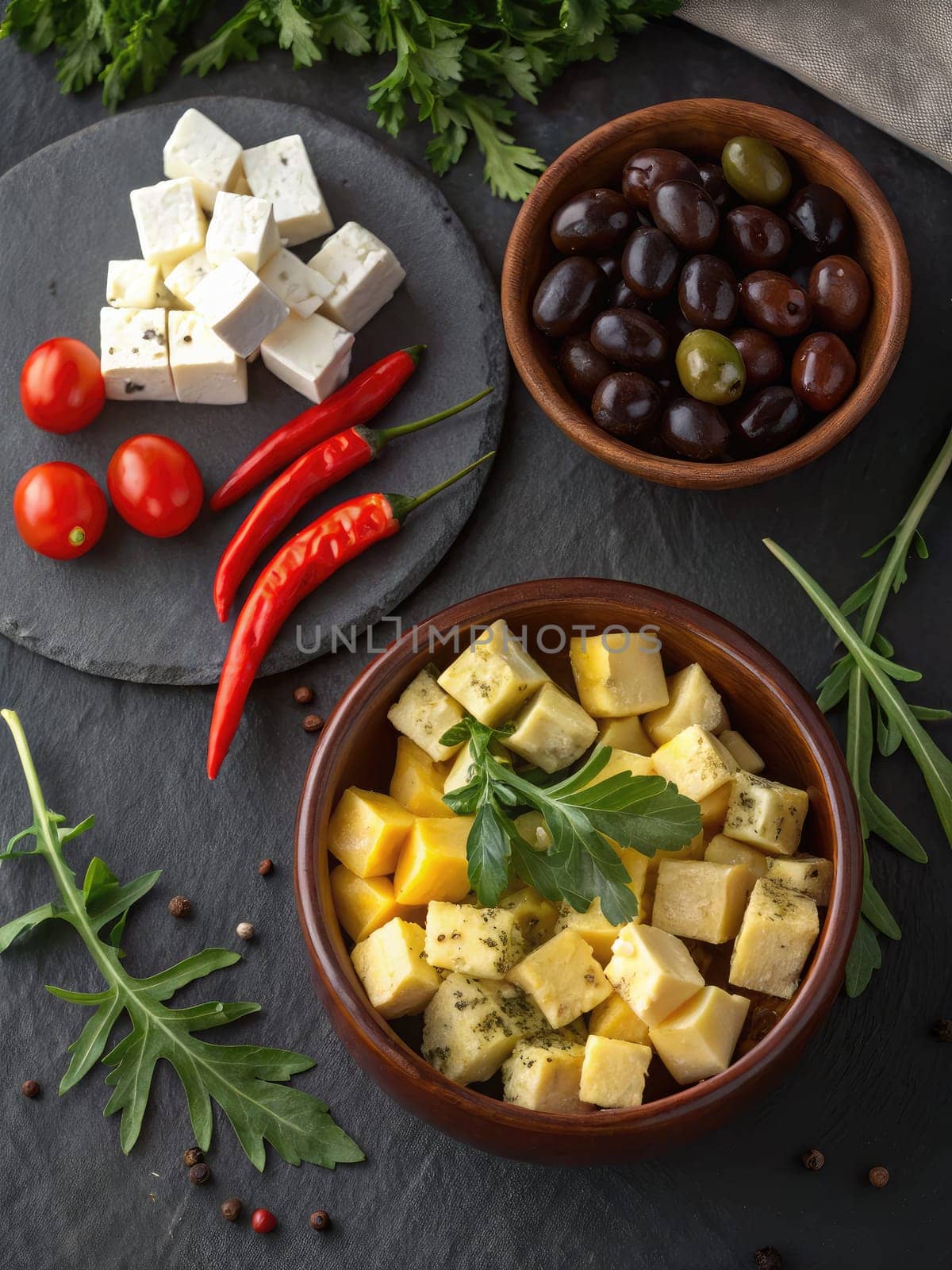 Colorful assortment of cheese cubes, olives, cherry tomatoes, and fresh herbs arranged on dark slate. Spicy peppers add a vibrant touch to this elegant platter, perfect for entertaining.