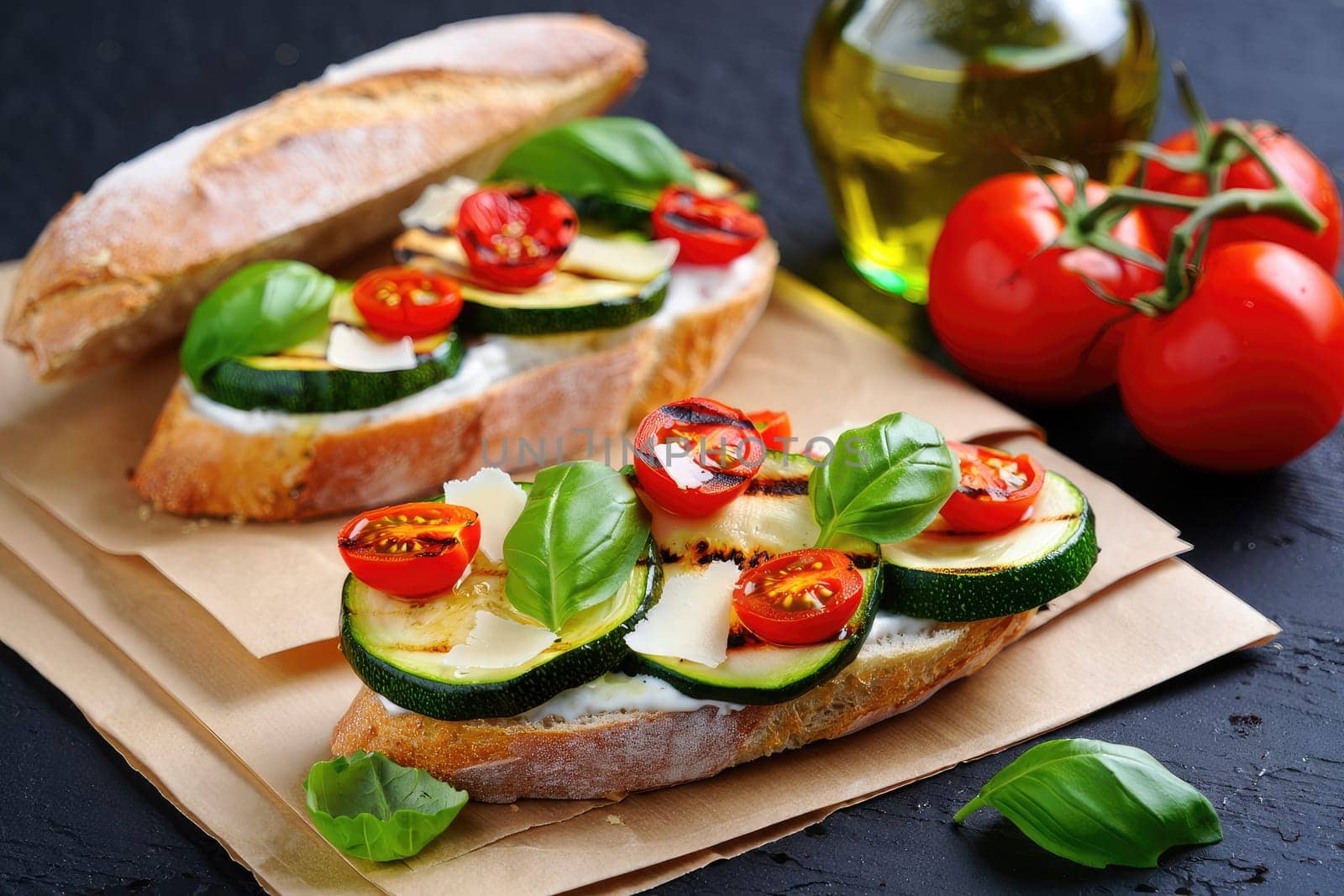 Delicious bruschetta features grilled zucchini and cherry tomatoes topped with fresh basil on crusty artisan bread. Placed on a rustic surface, olive oil and tomatoes add to the inviting atmosphere.