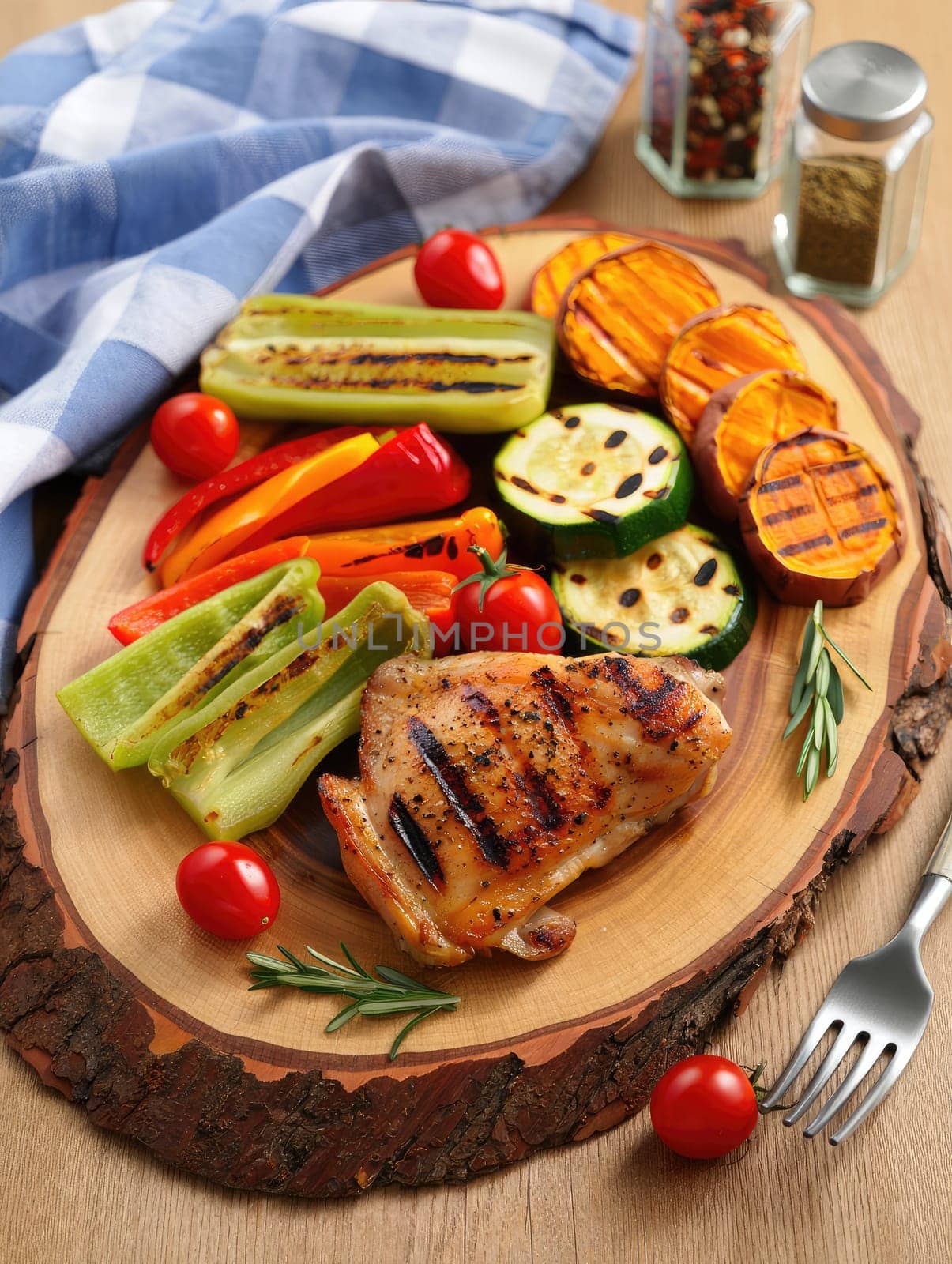 Juicy grilled chicken is artfully arranged with vibrant grilled vegetables including bell peppers, zucchini, and sweet potatoes.