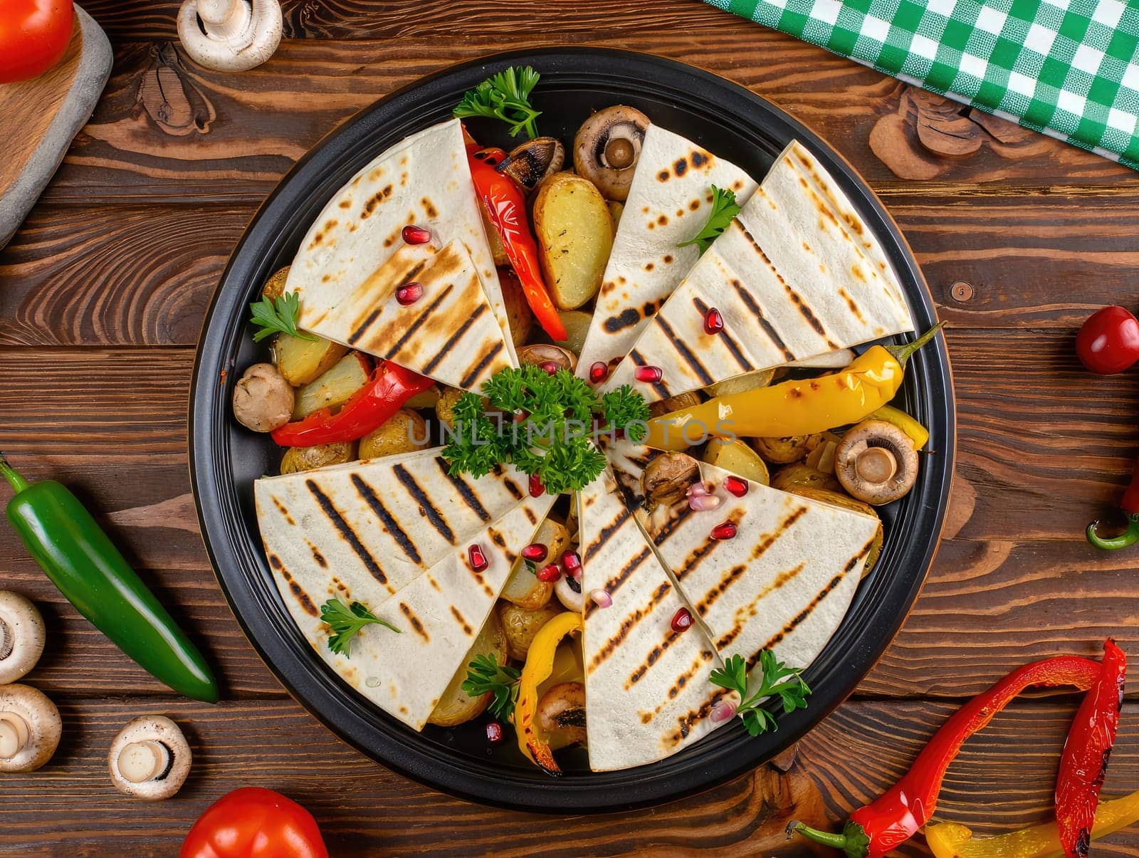 A beautifully arranged platter showcases grilled quesadillas with a variety of filling sliced into wedges.