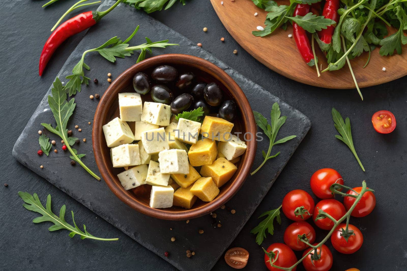 A bowl filled with assorted fresh cheeses and olives is surrounded by vibrant vegetables. The rustic setting enhances the colors of the ingredients, creating an appetizing display for a meal.