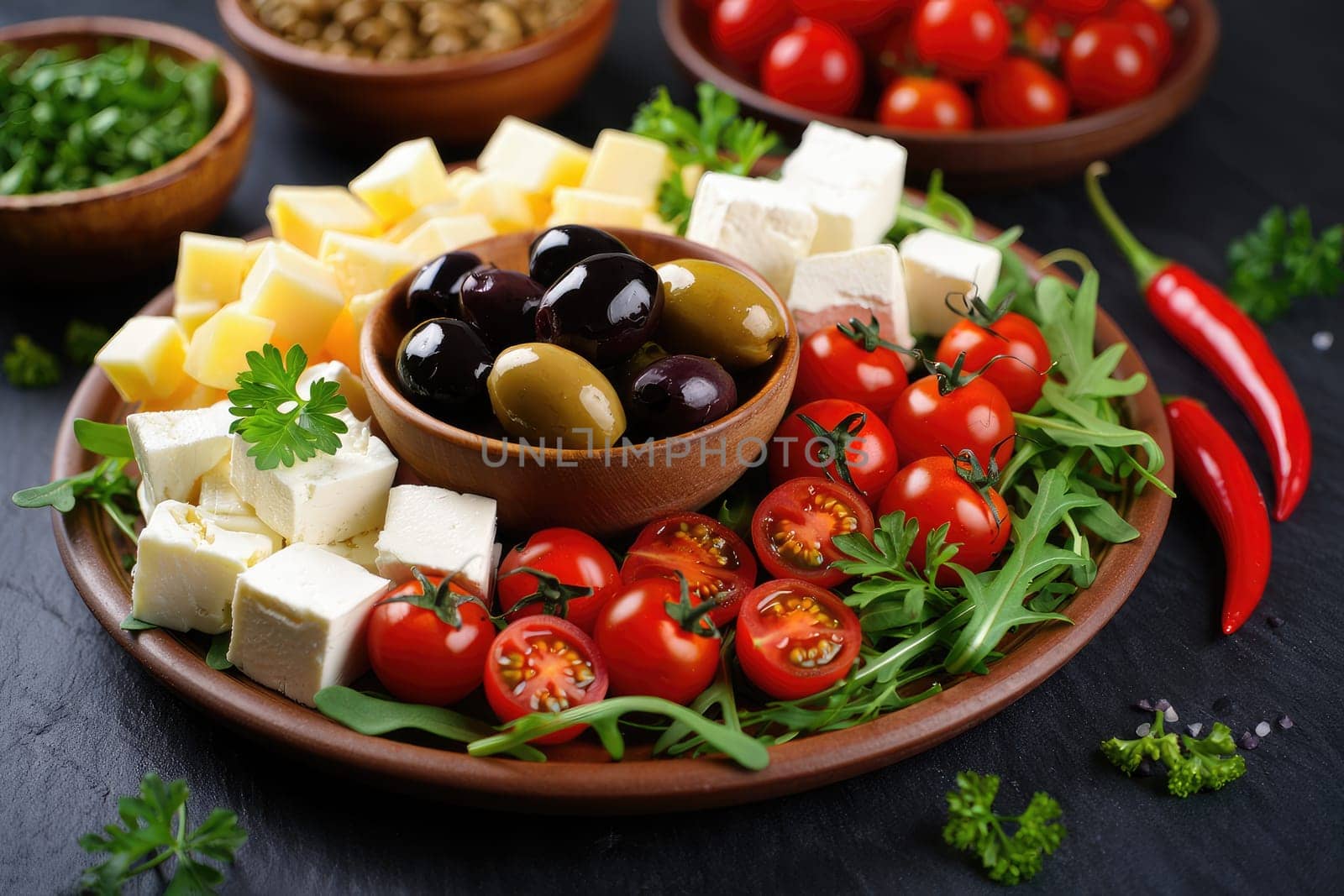 A vibrant platter showcases a selection of cherry tomatoes, olives, various cheeses, and fresh greens arranged artfully for meal preparation. This inviting display highlights fresh ingredients.