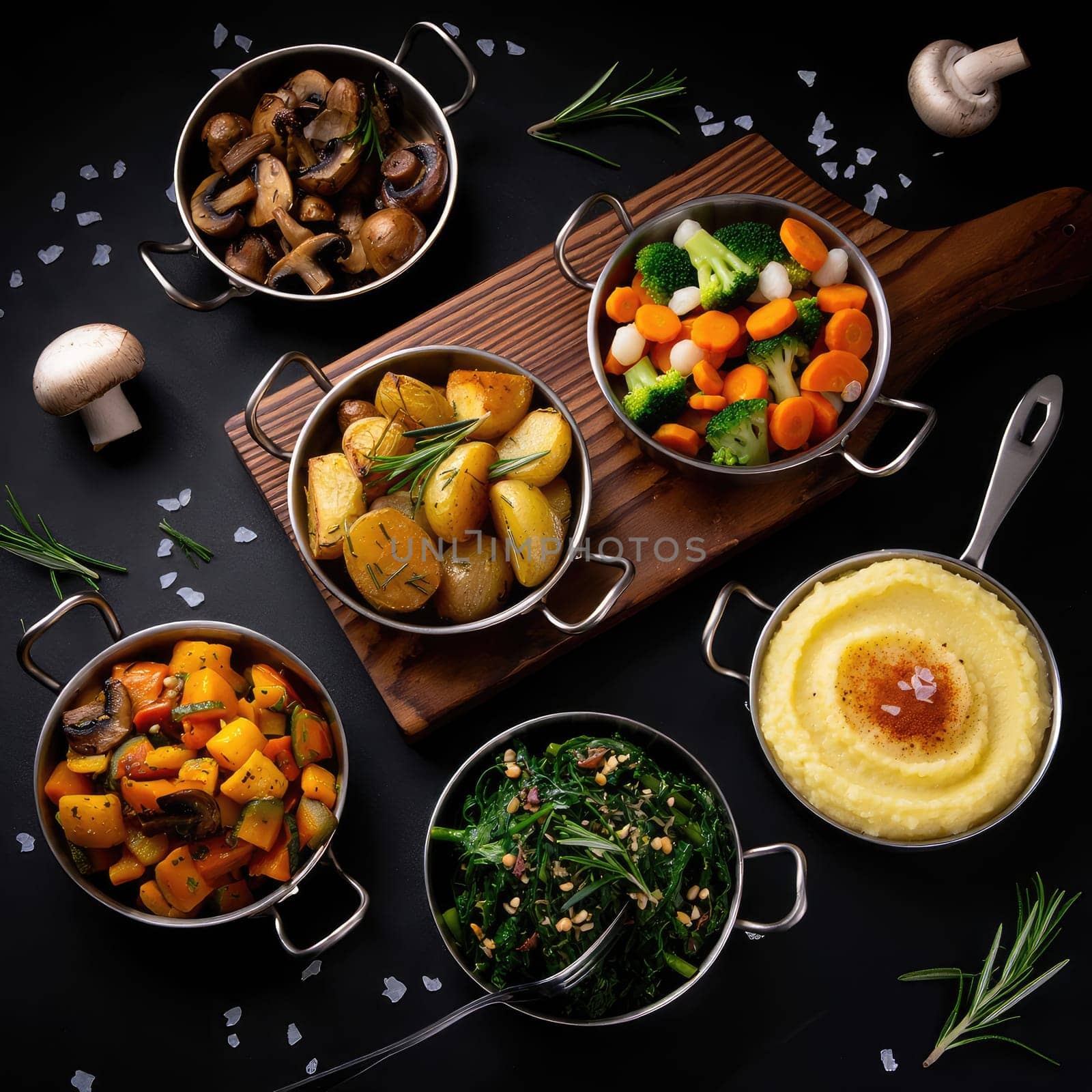 A wooden board holds a selection of vibrant vegetable dishes, including mushrooms, broccoli, carrots, and mashed potatoes. This cozy kitchen arrangement highlights fresh ingredients.