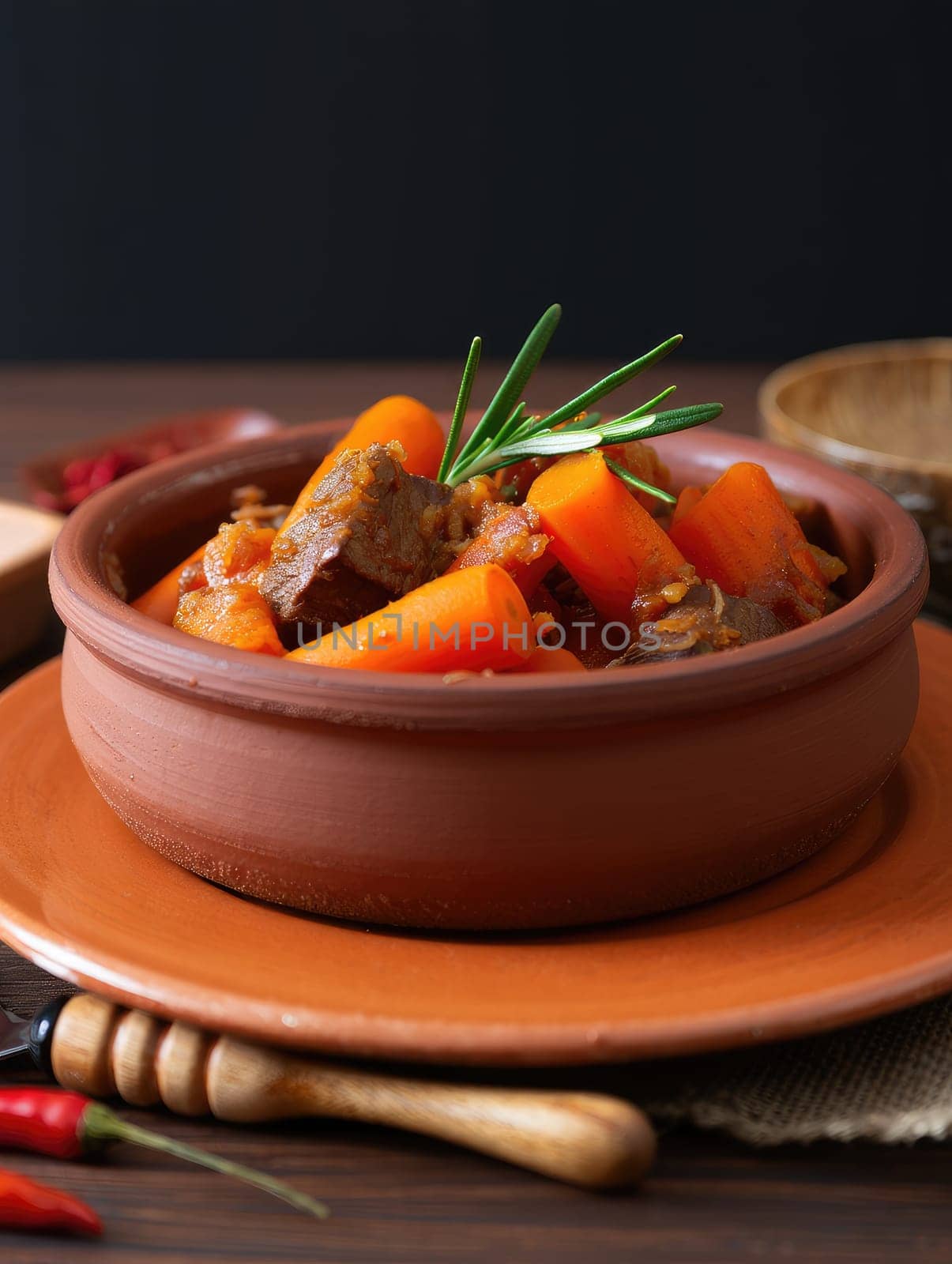 Hearty beef and carrot stew is beautifully presented in a traditional bowl. Fresh herbs add a pop of color, enhancing the inviting appearance of this comforting meal.
