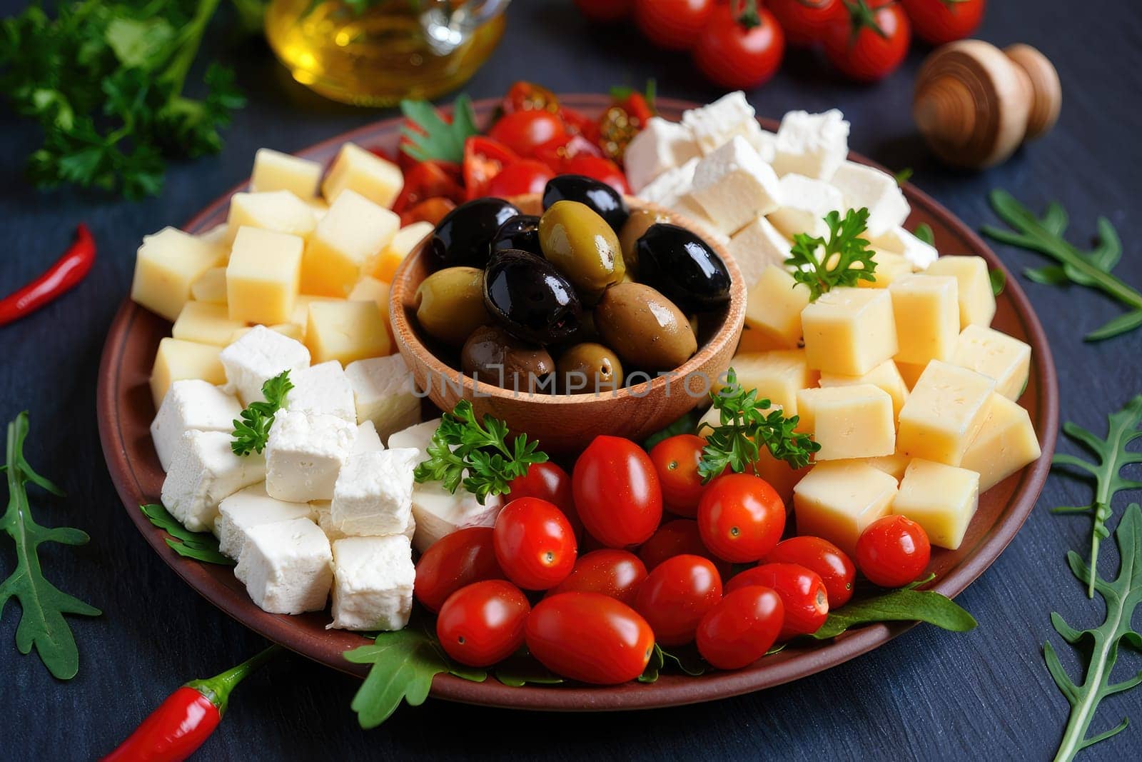 A vibrant platter showcases an assortment of cheeses, olives, and cherry tomatoes, surrounded by fresh herbs. Perfect for a gathering or celebration, it offers a delightful burst of flavors.