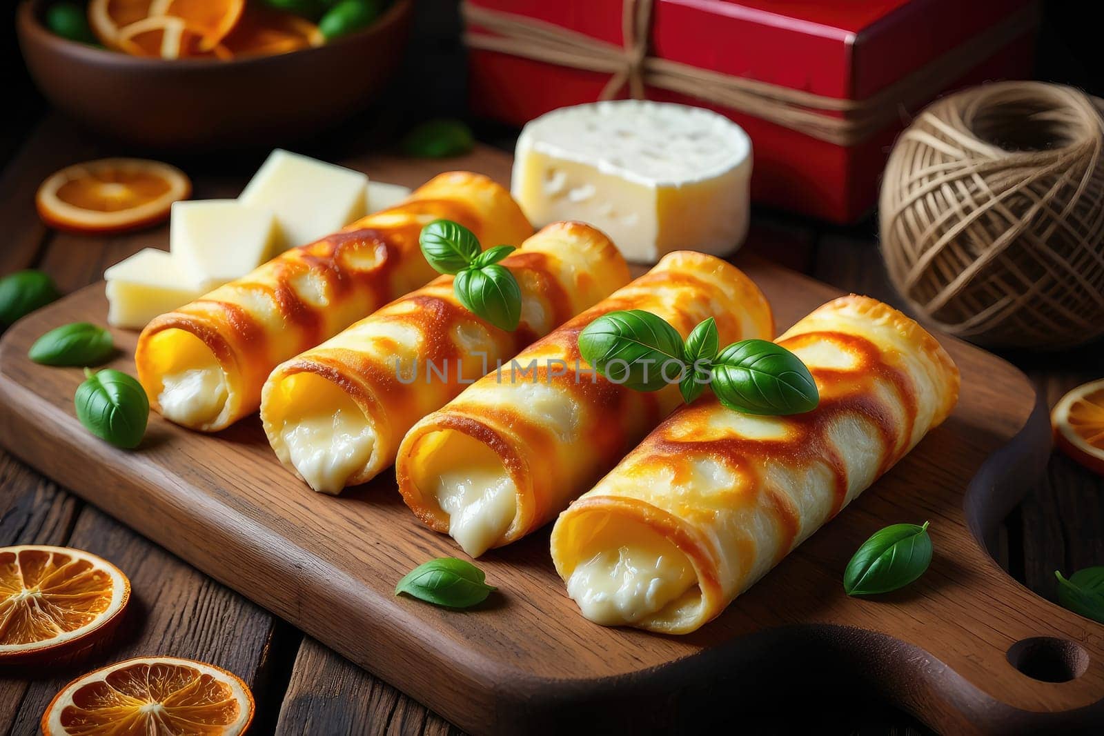 Golden brown tortillas filled with creamy cheese are artistically displayed on a wooden board. Fresh basil and slices of cheese accompany the dish, enhancing its appeal.