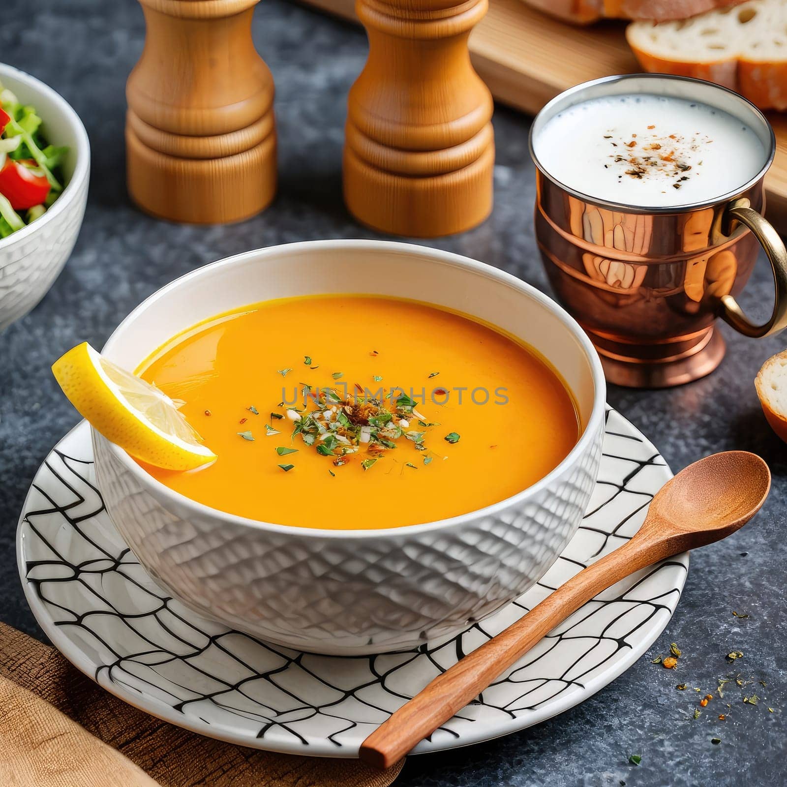 A creamy orange soup is presented in a decorative bowl, garnished with herbs and a slice of lemon. Nearby, a cup of white sauce, bread slices, and a salad enhance the meals appeal.