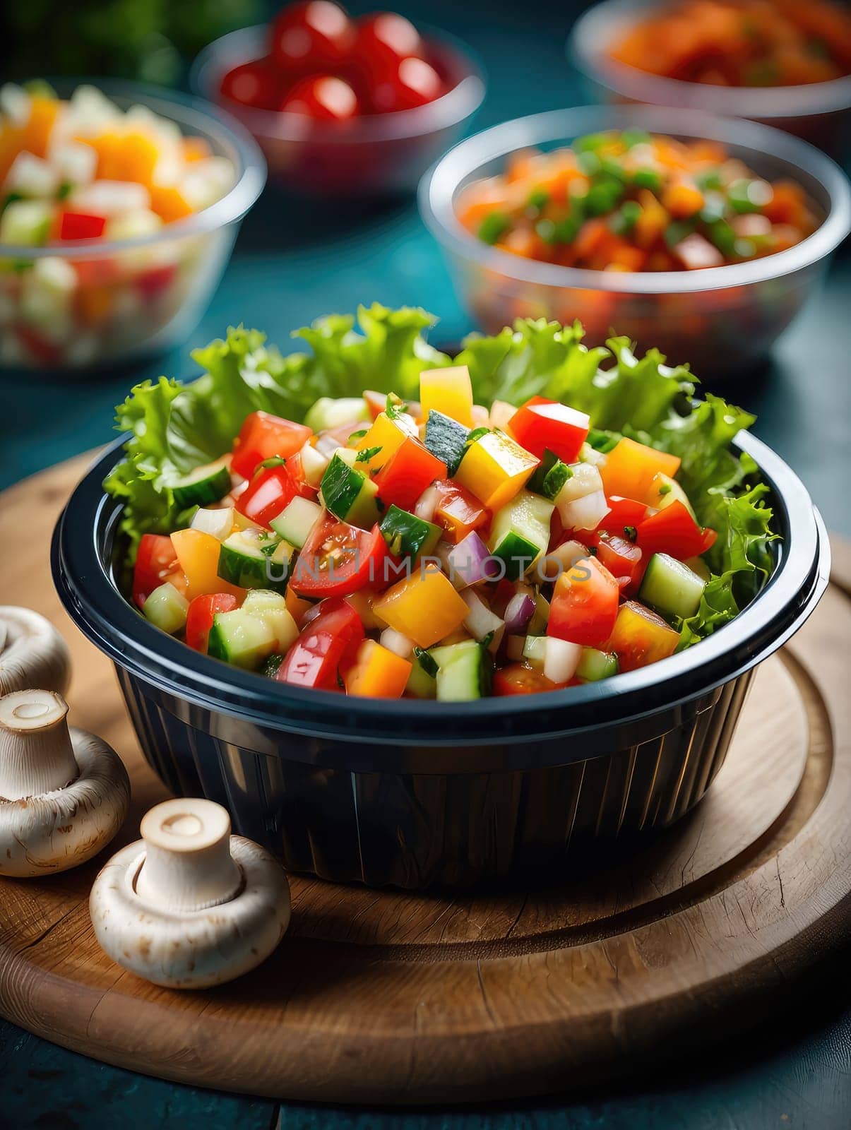 Freshly prepared salad features vibrant vegetables including tomatoes, peppers, cucumbers, and herbs presented in a rustic kitchen. The bowls in the background show more colorful salads.