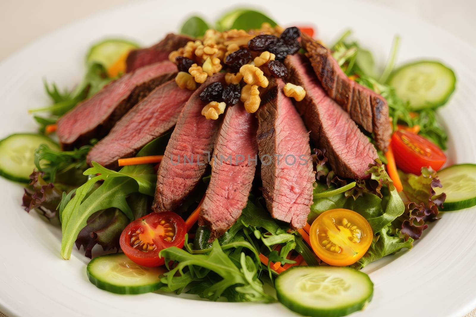 This dish features tender slices of grilled beef steak arranged on a bed of mixed greens, complemented by cherry tomatoes, cucumbers, walnuts, and a hint of sweetness from dried fruits.