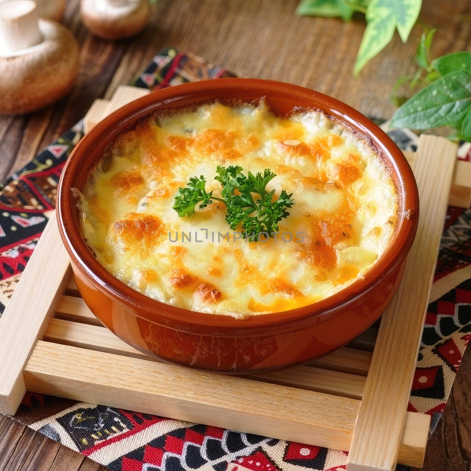 A warm, baked dish sits on a wooden board, showcasing golden melted cheese and sprinkled parsley. The rustic setting features green foliage, adding a touch of nature to the meal.