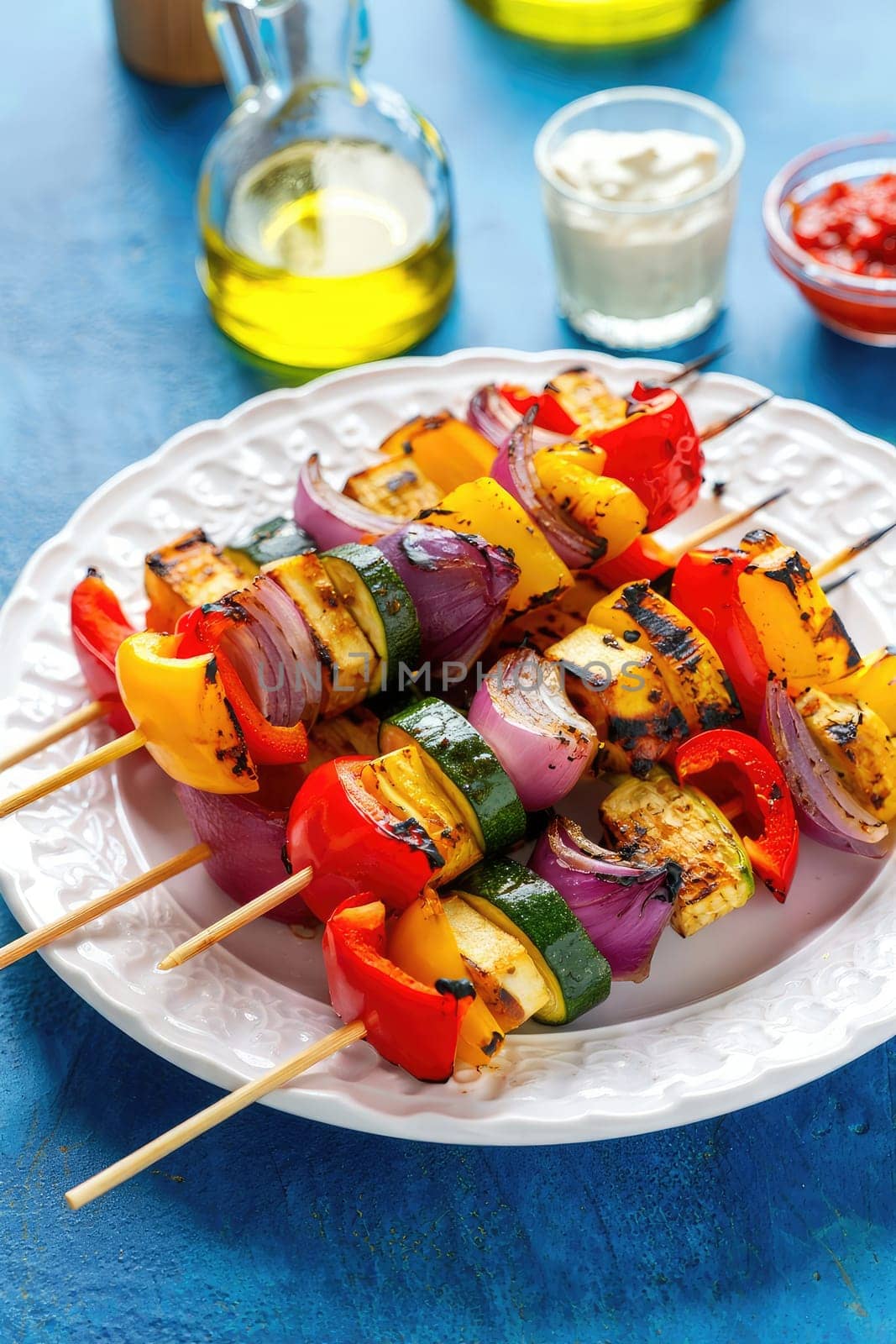 Grilled vegetable skewers showcase a mix of bell peppers, zucchini, and onions on wooden sticks. They are served on a white plate with olive oil, dips, and a vibrant blue background.