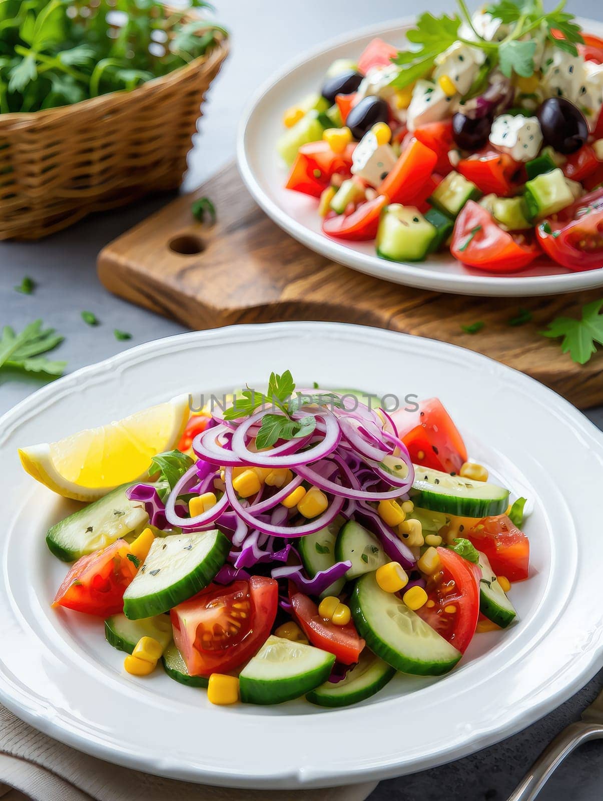 A colorful garden salad featuring cucumbers, tomatoes, red cabbage, corn, and red onion on a white plate. A wedge of lemon adds brightness, enhancing the fresh flavors of the dish.