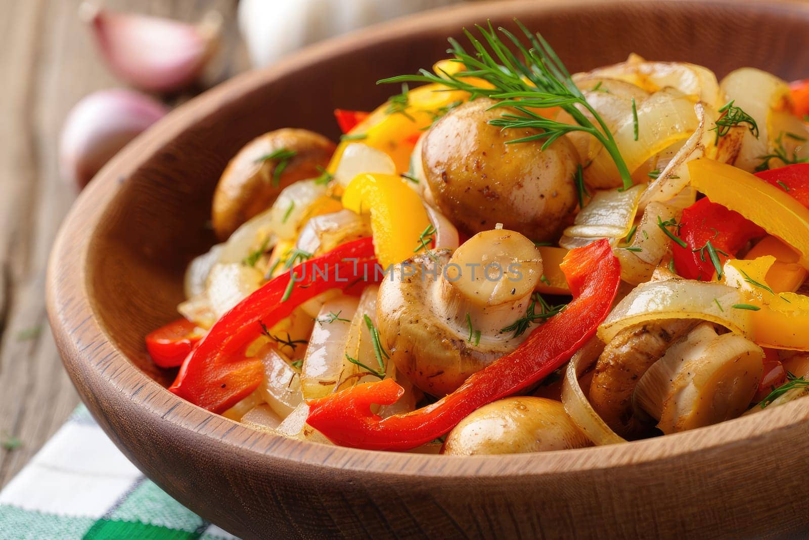 A vibrant stir fry features fresh vegetables and mushrooms in a wooden bowl. The dish includes bell peppers, onions, and herbs, showcasing bright colors and natural textures.