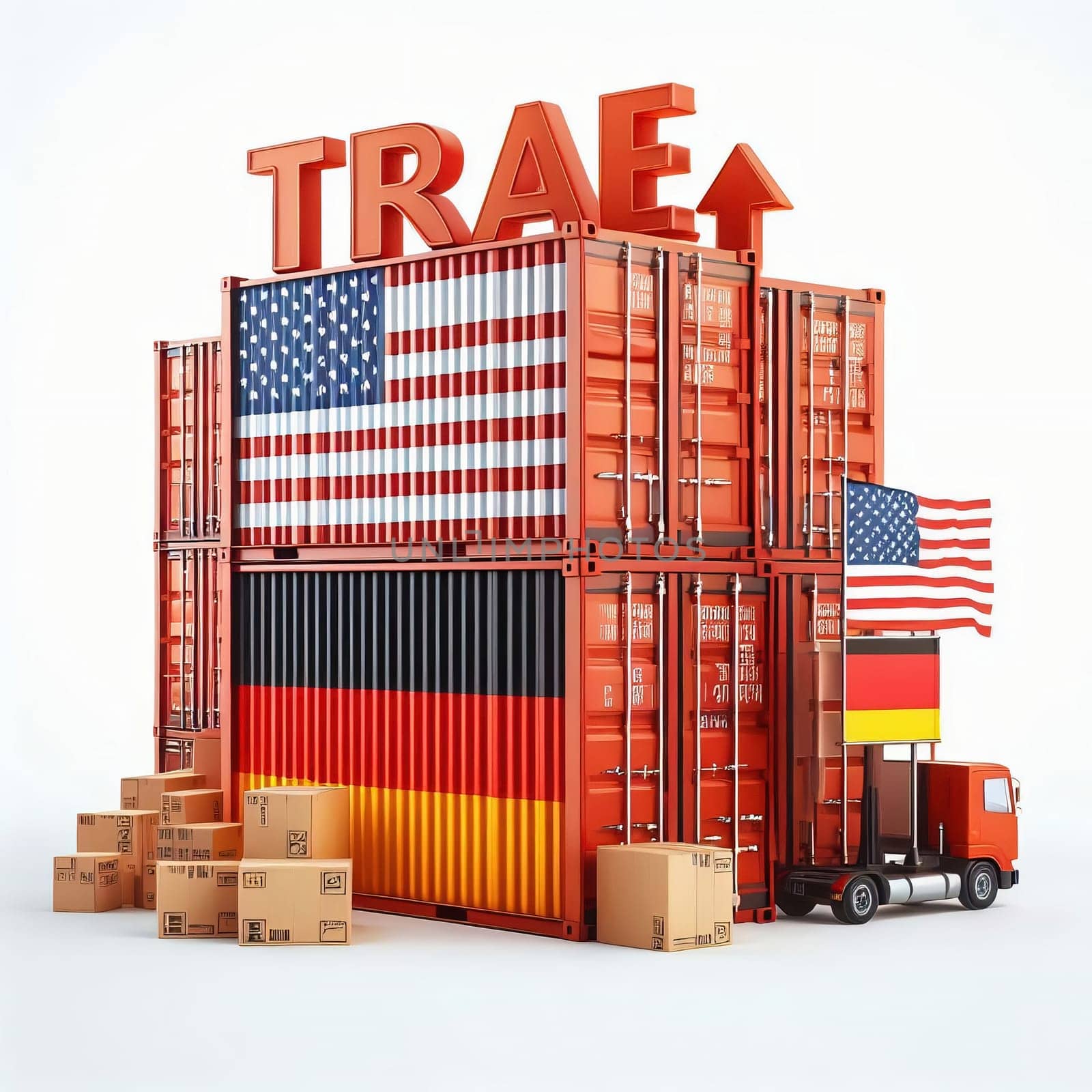 Container with flags of the USA and Germany. “TRADE” symbolizes international trade, growth and customs duties. Perfect for business pictures!