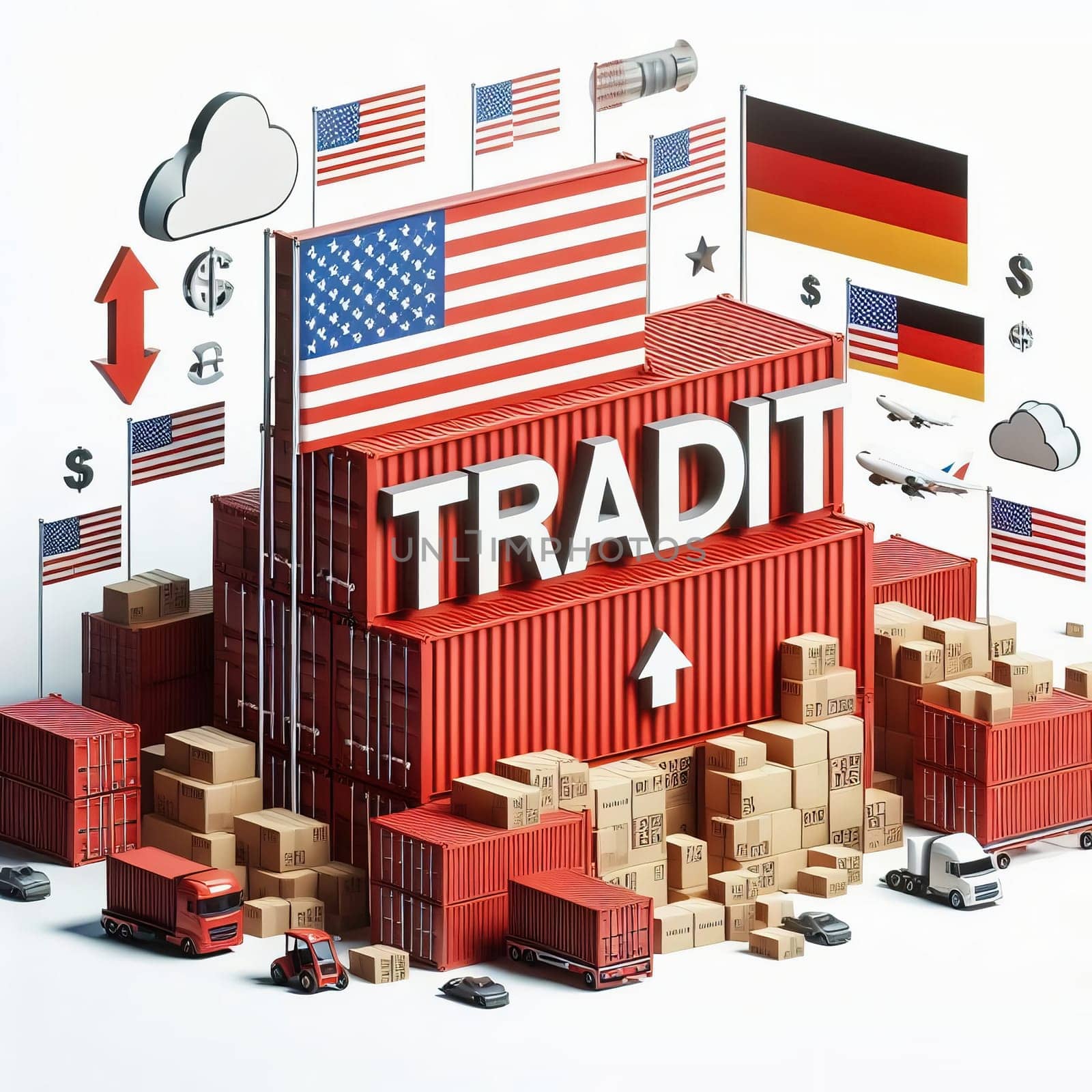 Container with flags of the USA and Germany. “TRADE” symbolizes international trade, growth and customs duties. Perfect for business pictures!
