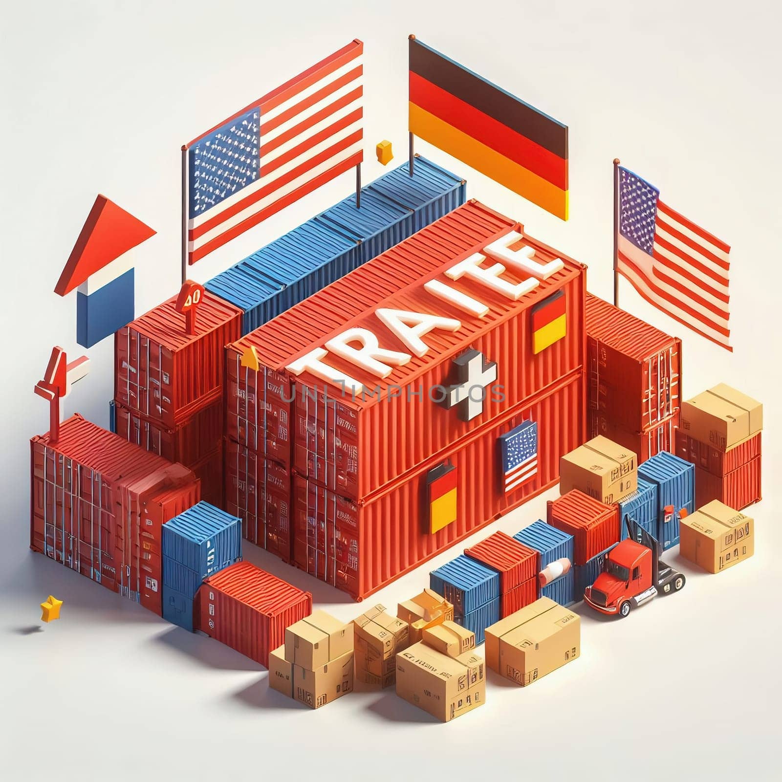 Container with flags of the USA and Germany. “TRADE” symbolizes international trade, growth and customs duties. Perfect for business pictures!